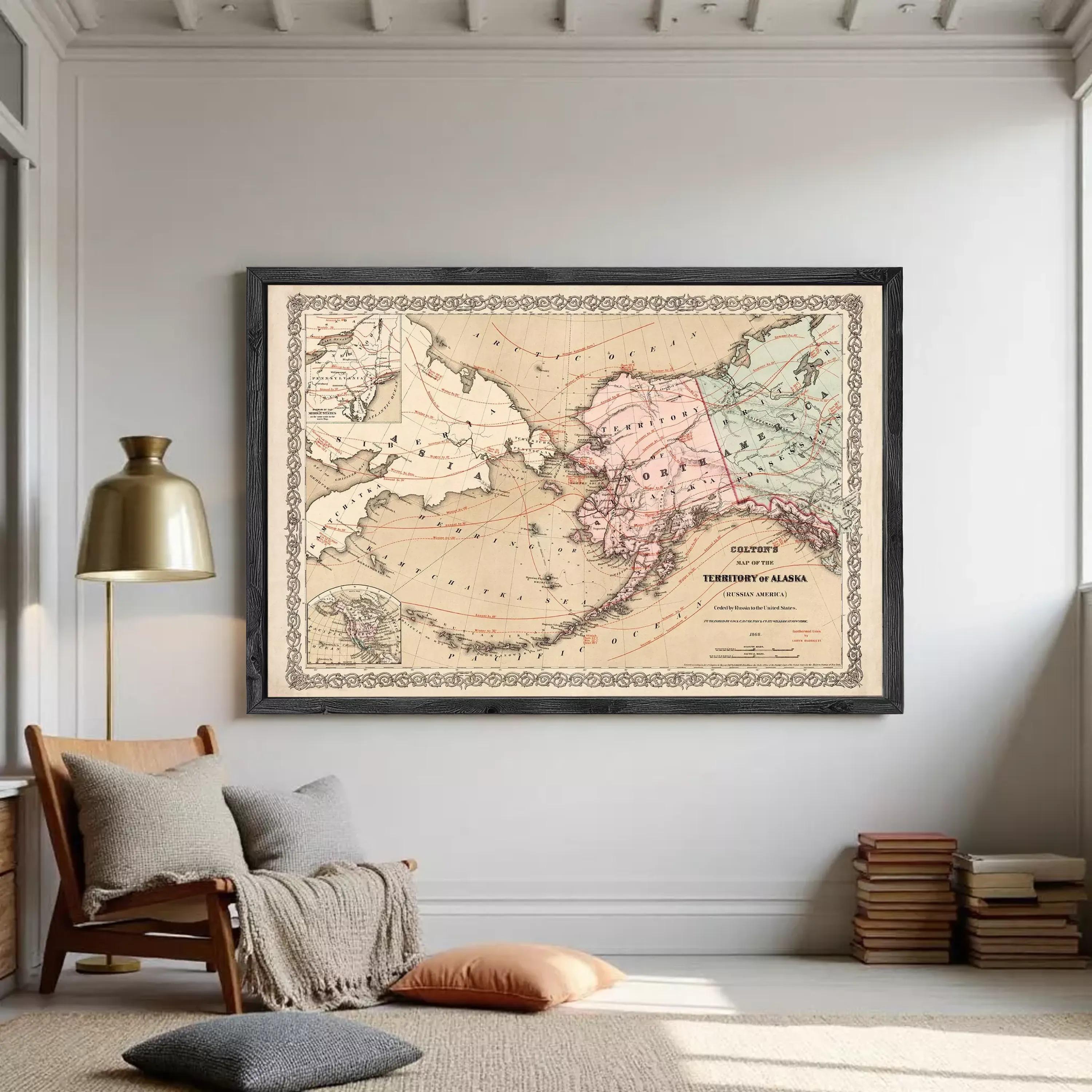 The image is a framed vintage map of Alaska, depicting the state's geographical layout and surrounding areas.