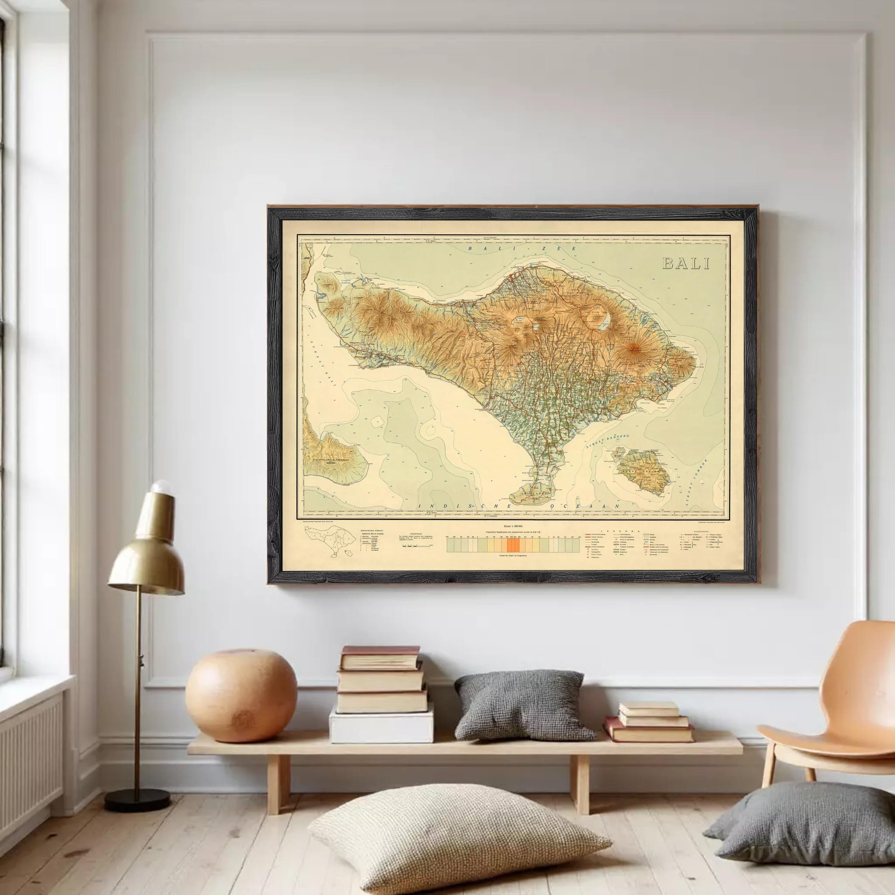 The image is a framed map of Bali, Indonesia, depicting the island's geographical features and boundaries.