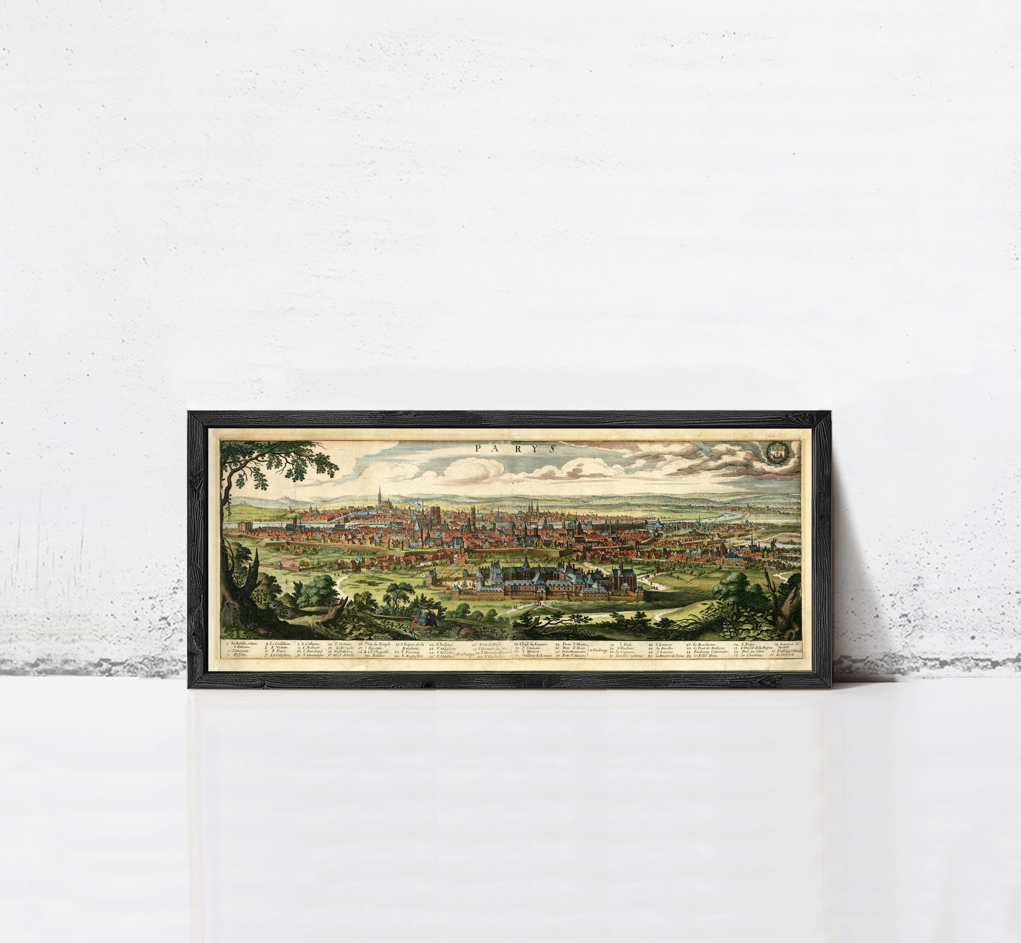 A framed illustration of a cityscape depicting a large, densely populated urban area with a mix of buildings, roads, and natural elements such as trees and grass.