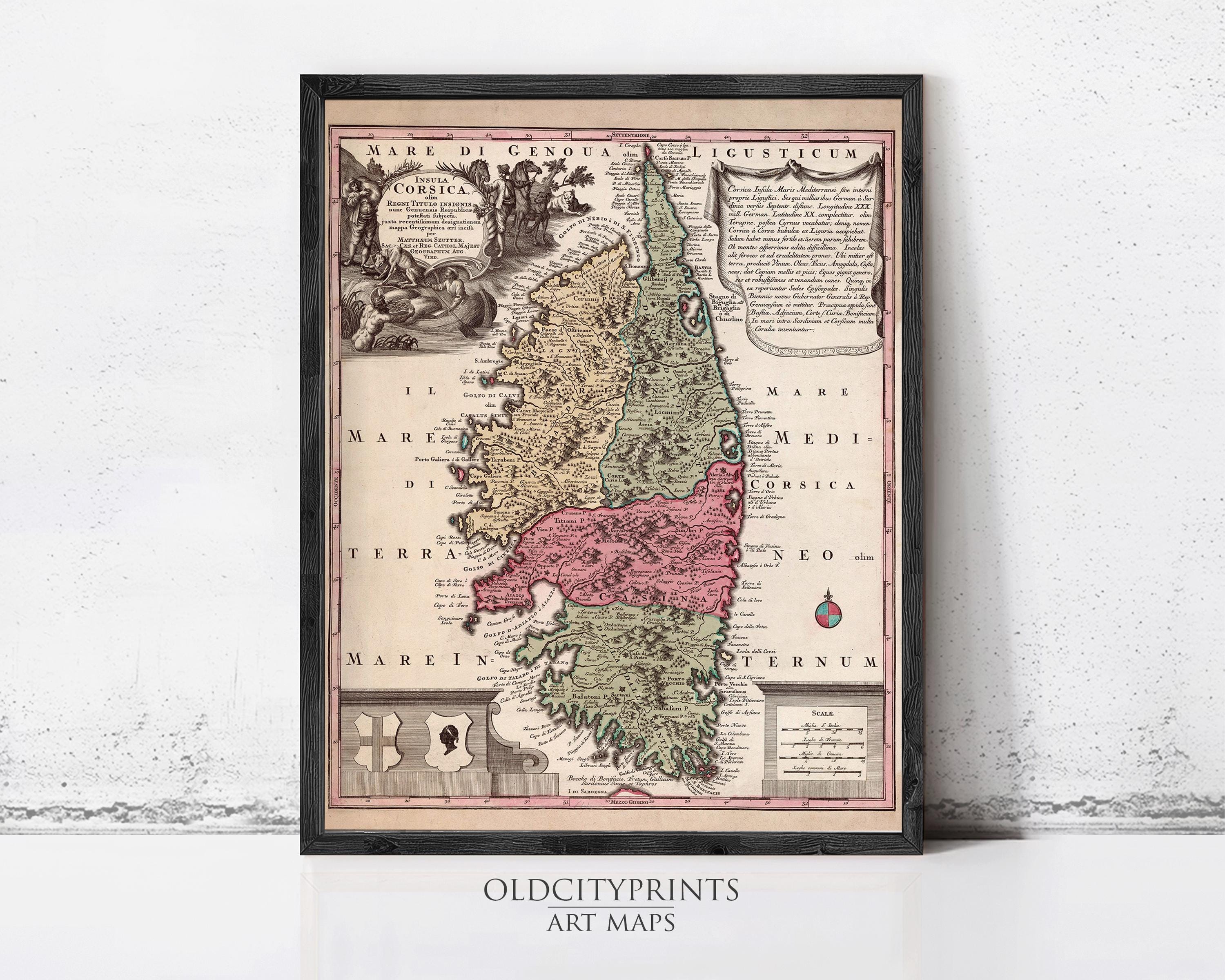 The image is a framed antique map of a region, likely a map of a country or region, with various labels and details.