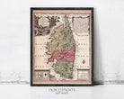 The image is a framed antique map of a region, likely a map of a country or region, with various labels and details.