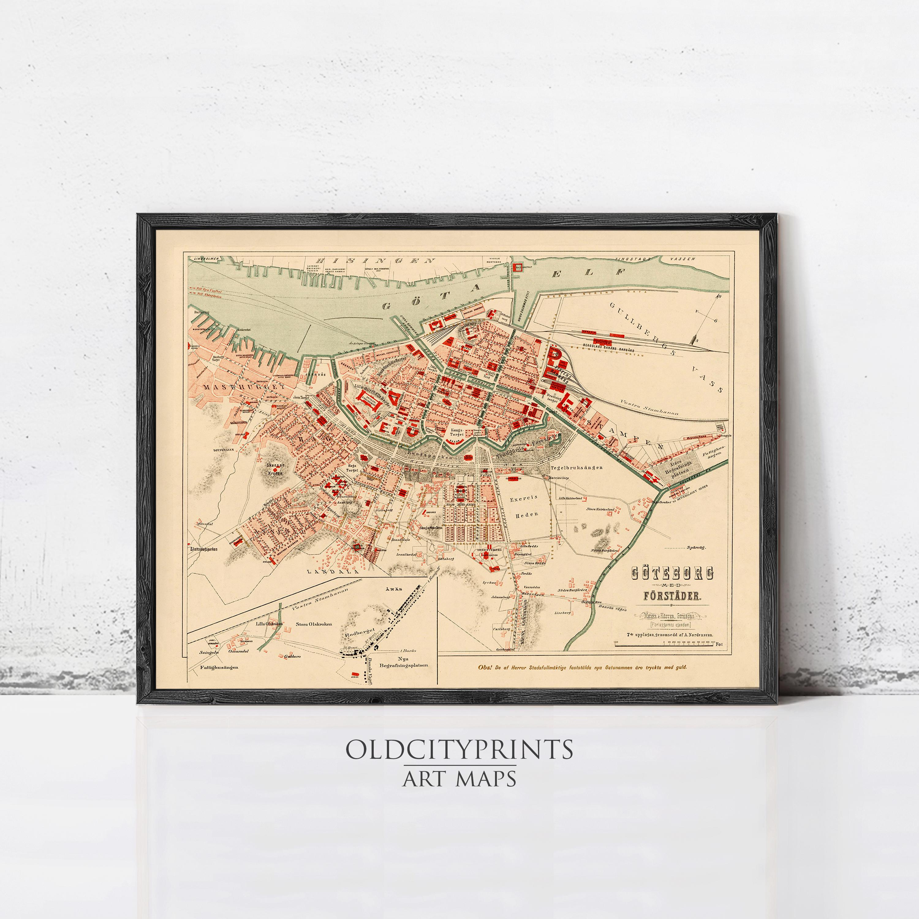 The image is a framed vintage map of a city, likely from the 19th century, with a focus on the city's layout and surrounding areas.