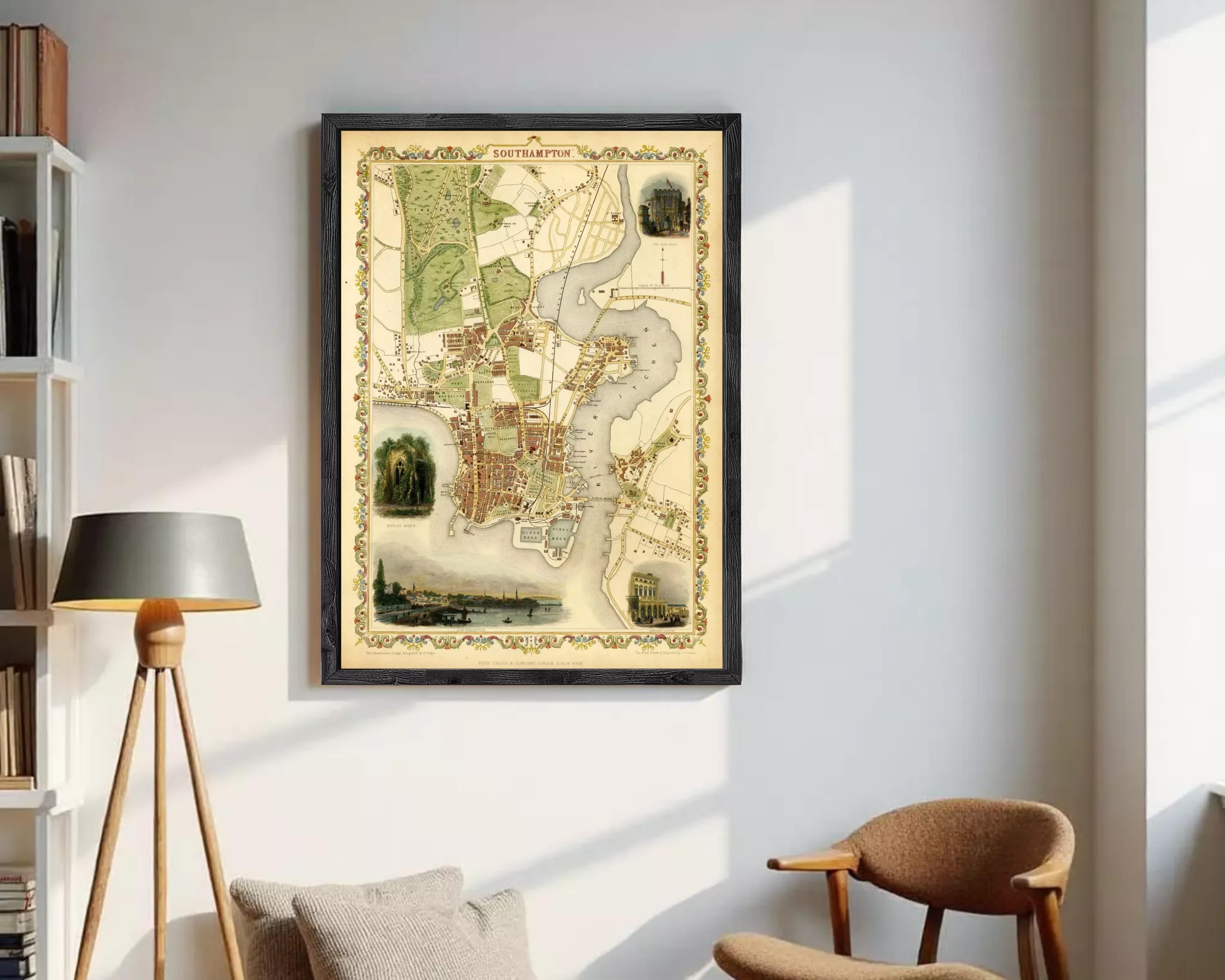 The image is a framed map of the city of London, England, with various landmarks and streets depicted.