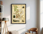 The image is a framed map of the city of London, England, with various landmarks and streets depicted.