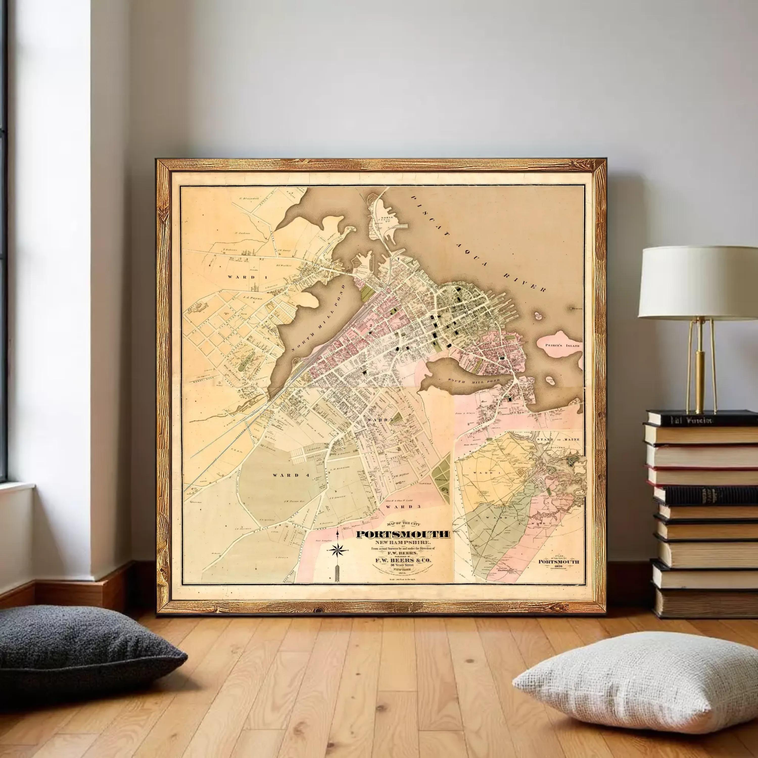 The image is a framed vintage map of the town of Portland, Oregon, showing the layout of the streets, landmarks, and surrounding areas.