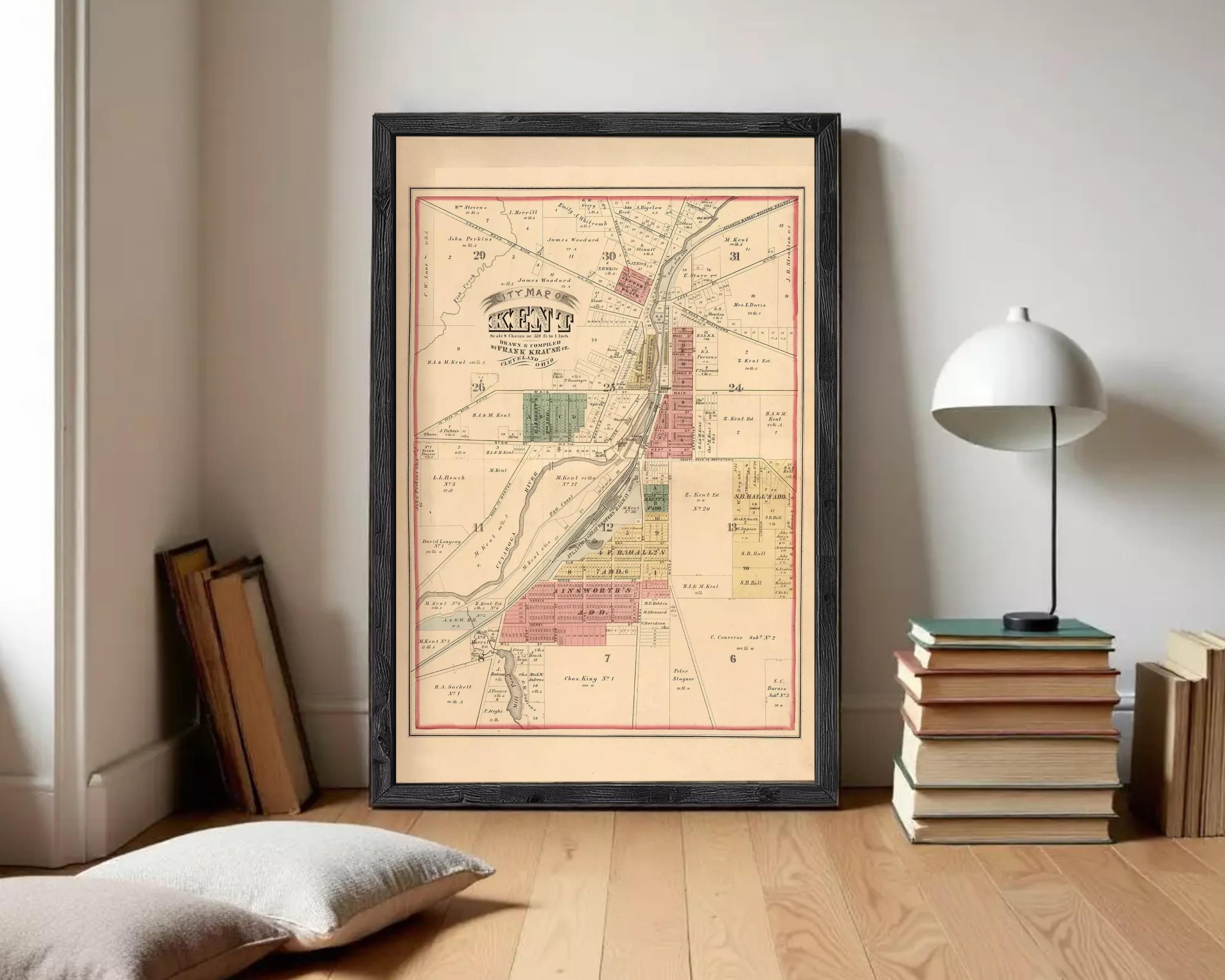 The image is a framed map of Kent, with various colored areas and labels indicating different locations and zones within the region.