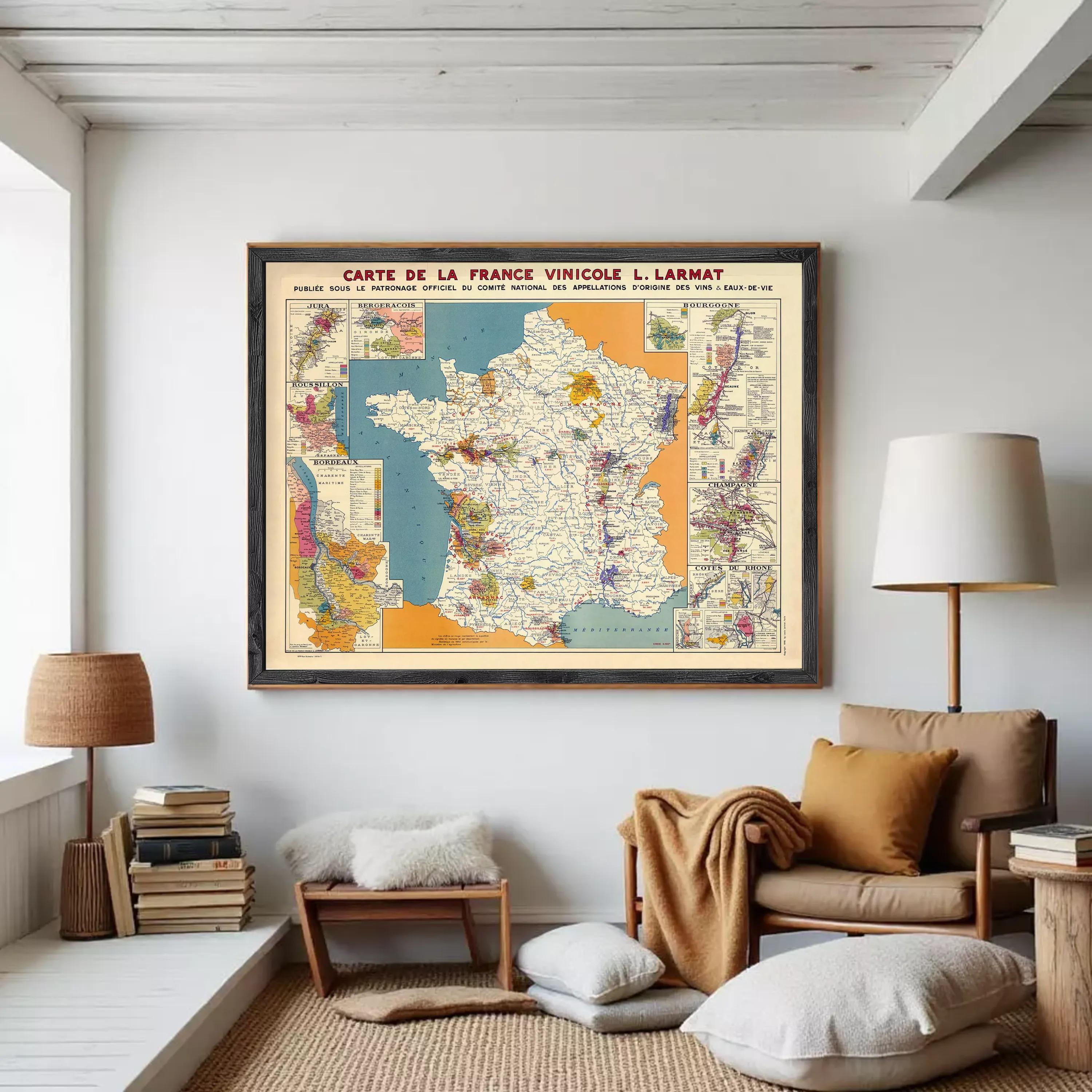 The image is a framed vintage map of France, depicting various regions and their geographical features.