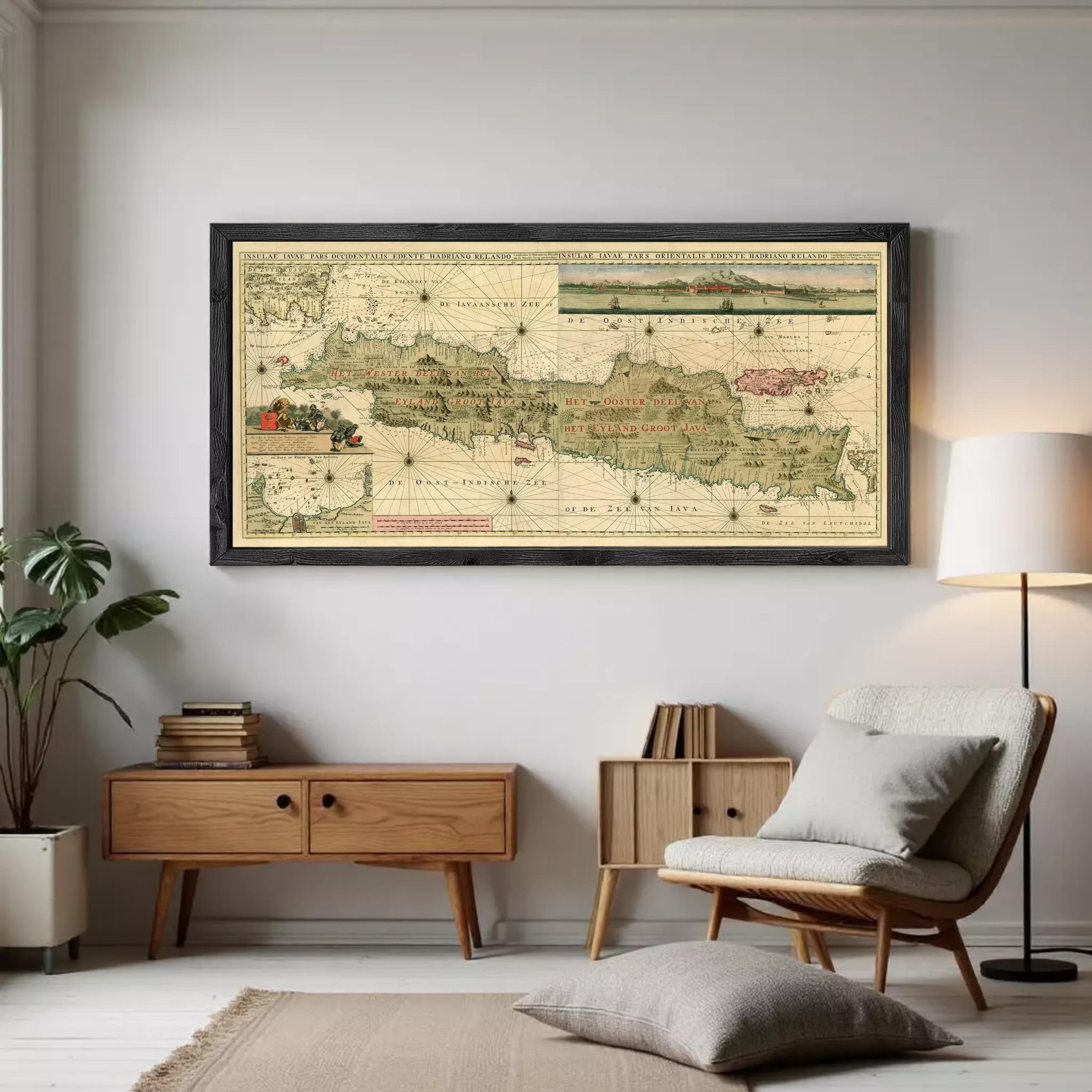The image is a framed vintage map of the Indonesian archipelago, which is a collection of islands located in the Indian Ocean.