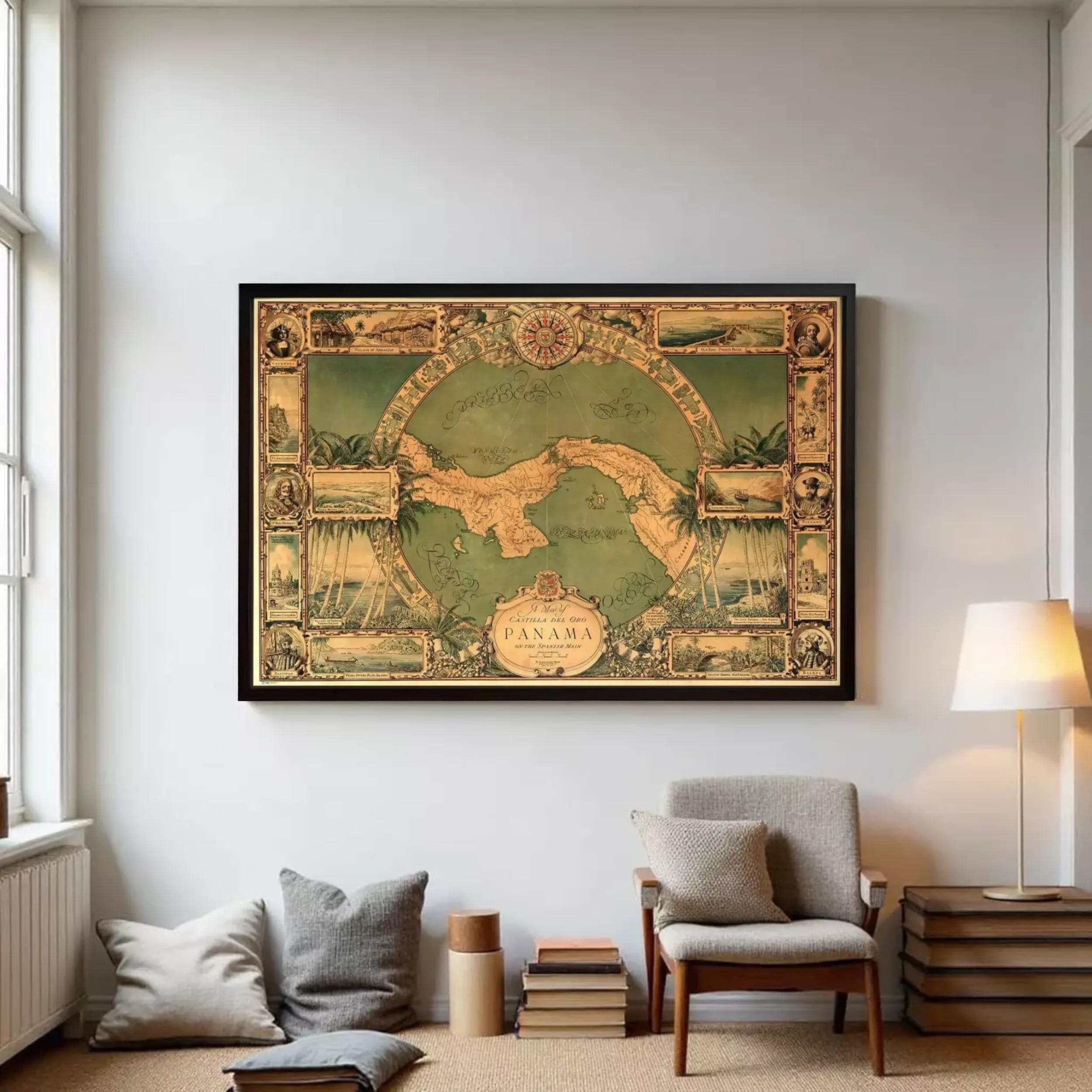The image is a framed vintage map of Panama, featuring intricate illustrations and designs.