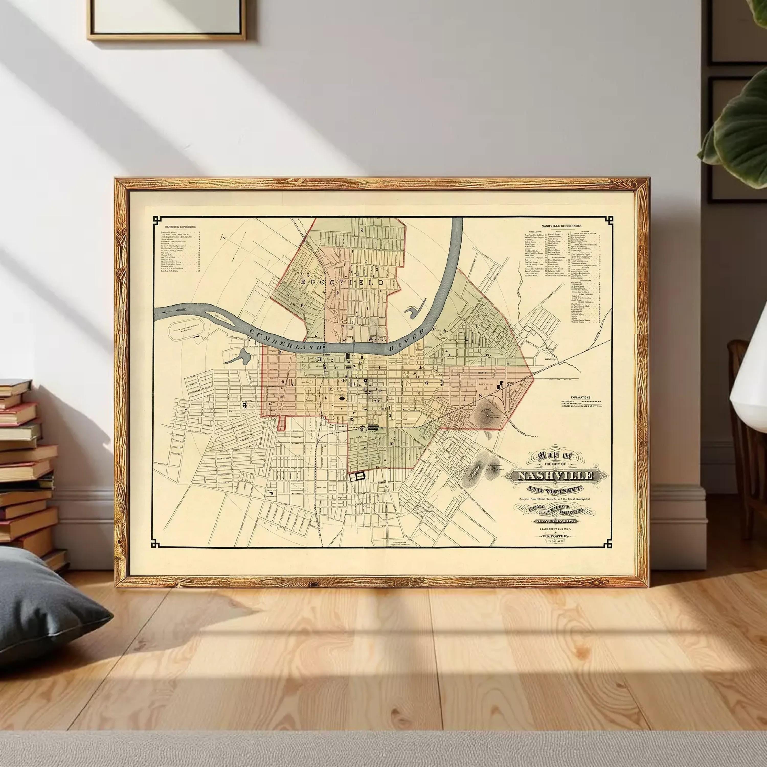 The image is a framed map of Nashville, Tennessee, showing the city's streets and surrounding areas.