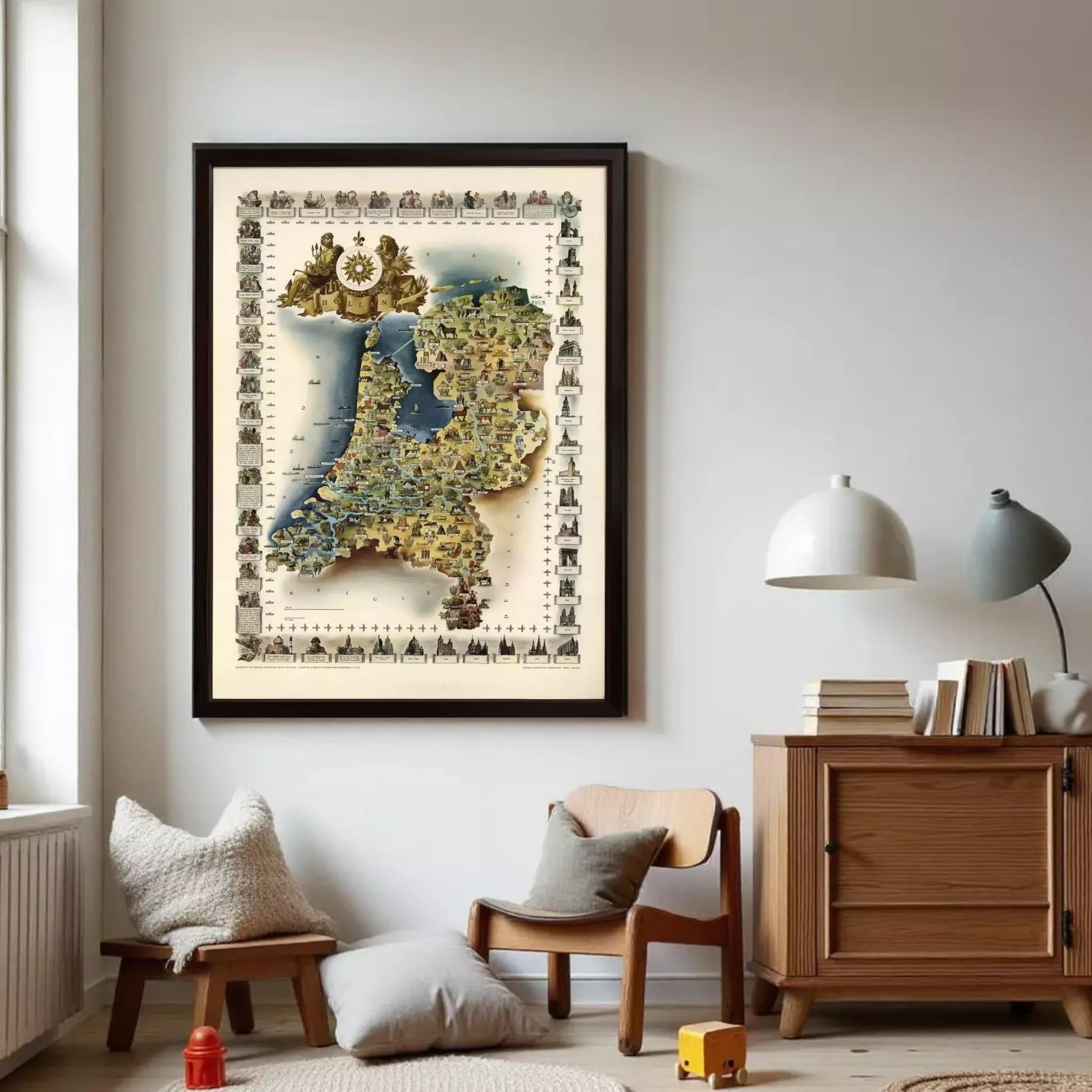 The image is a framed map of the Netherlands, depicting various landmarks and locations across the country.