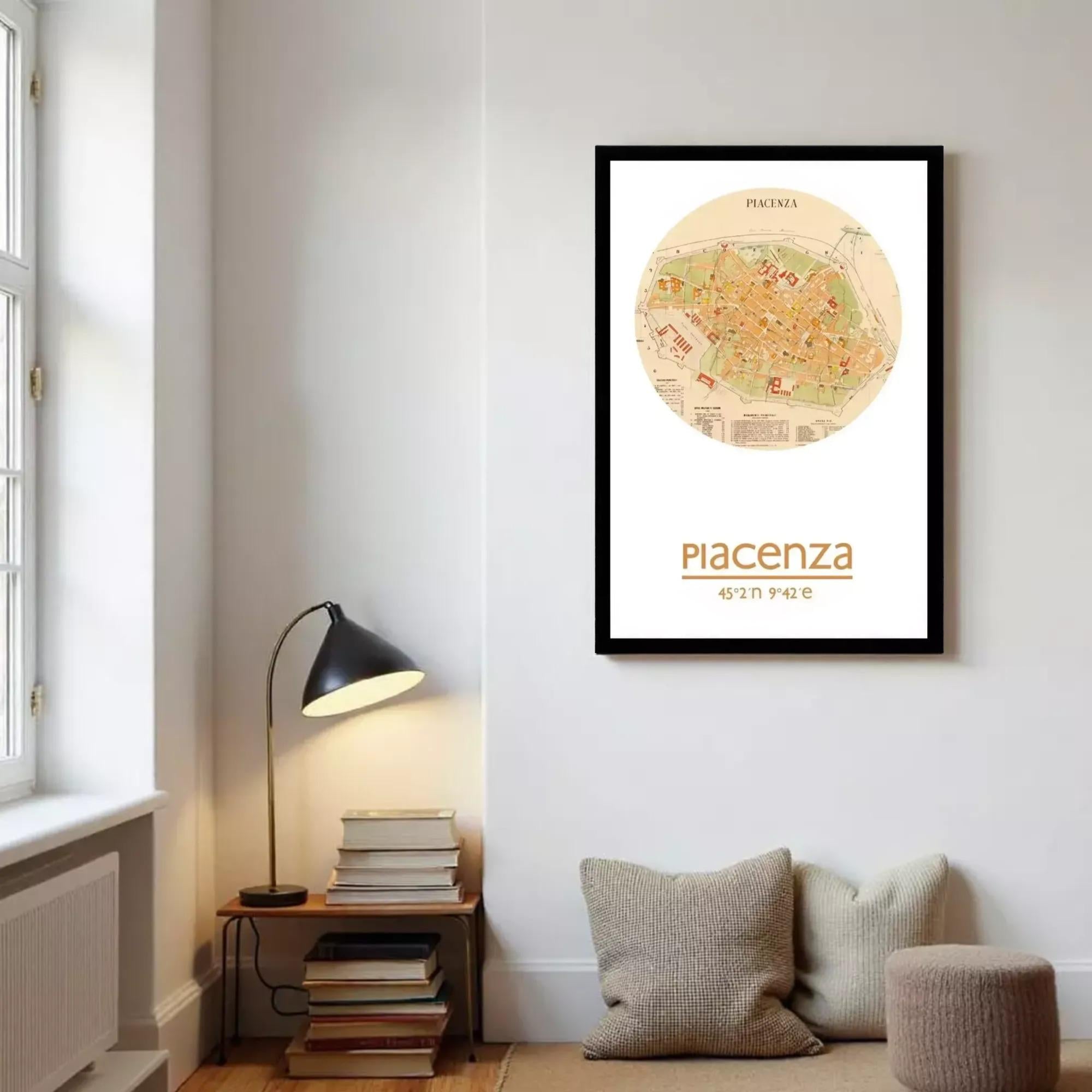 A framed map of Placenza, Italy, with the city's name and location prominently displayed.