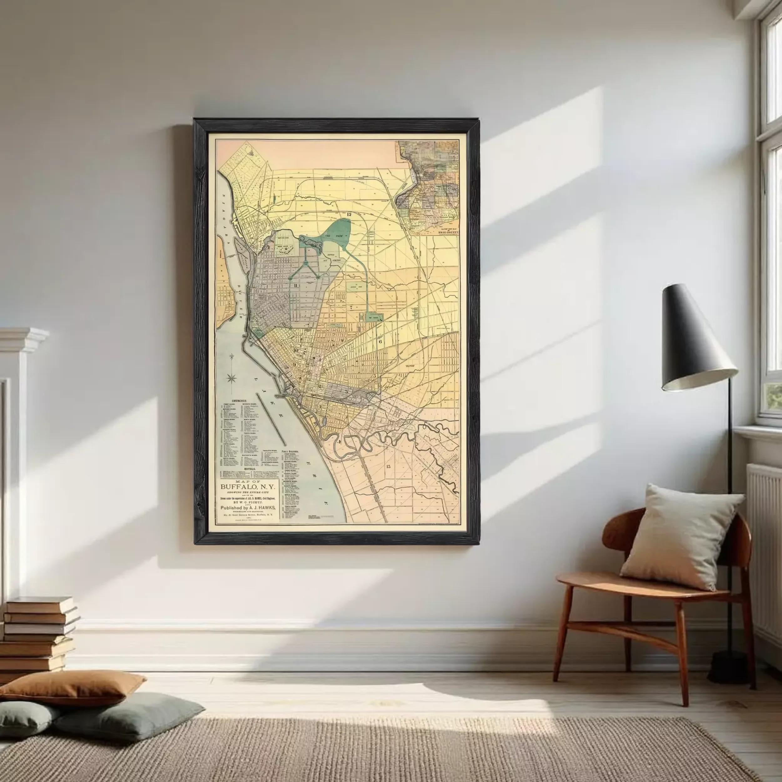 The image is a framed vintage map of the city of Buenos Aires, Argentina, showing the layout of the city and surrounding areas.