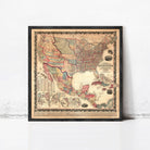 The image is a framed antique map of the United States and Mexico, depicting the geographical layout and boundaries of the two countries.