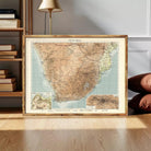 The image is a framed vintage map of South Africa, depicting the country's geographical layout and surrounding areas.