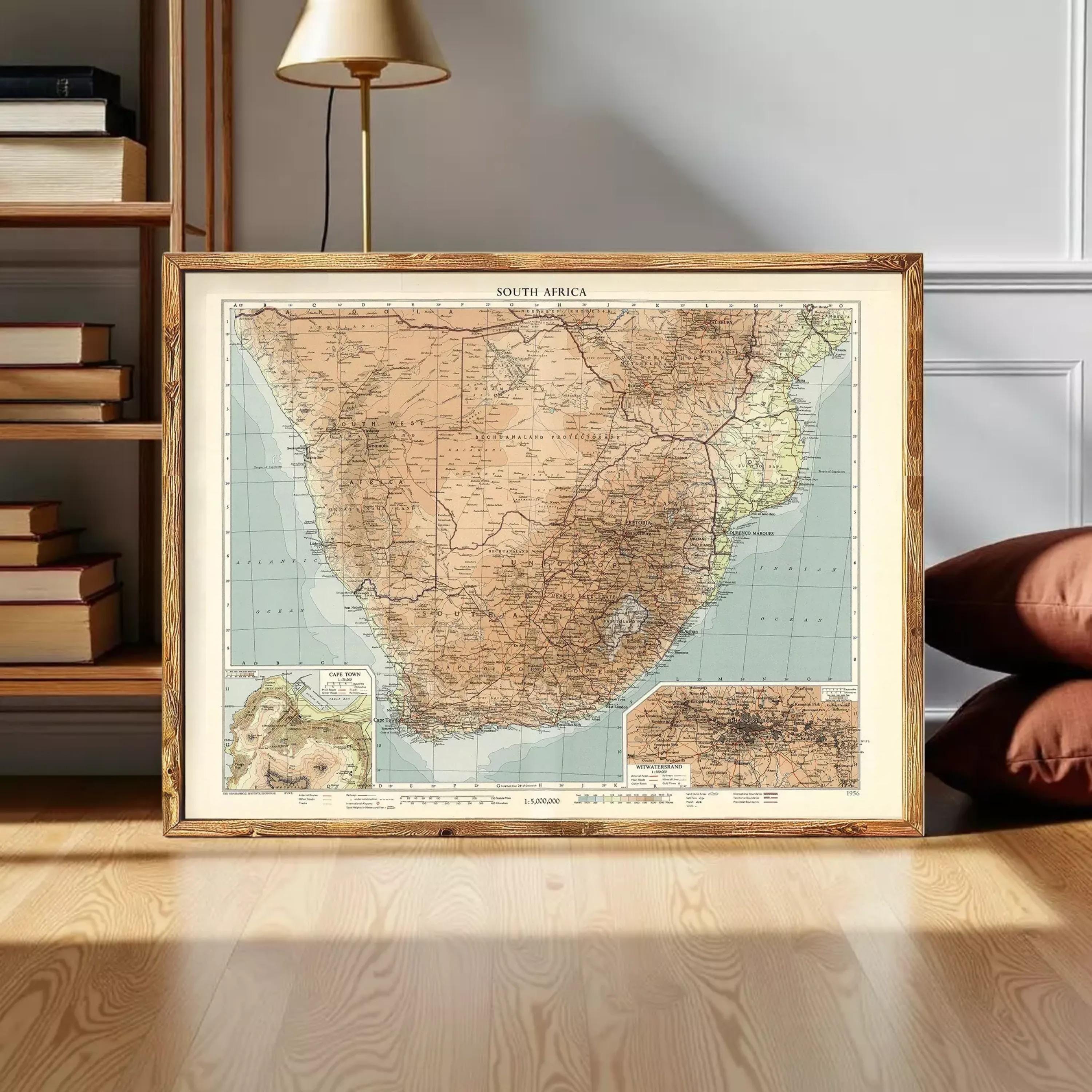 The image is a framed vintage map of South Africa, depicting the country's geographical layout and surrounding areas.