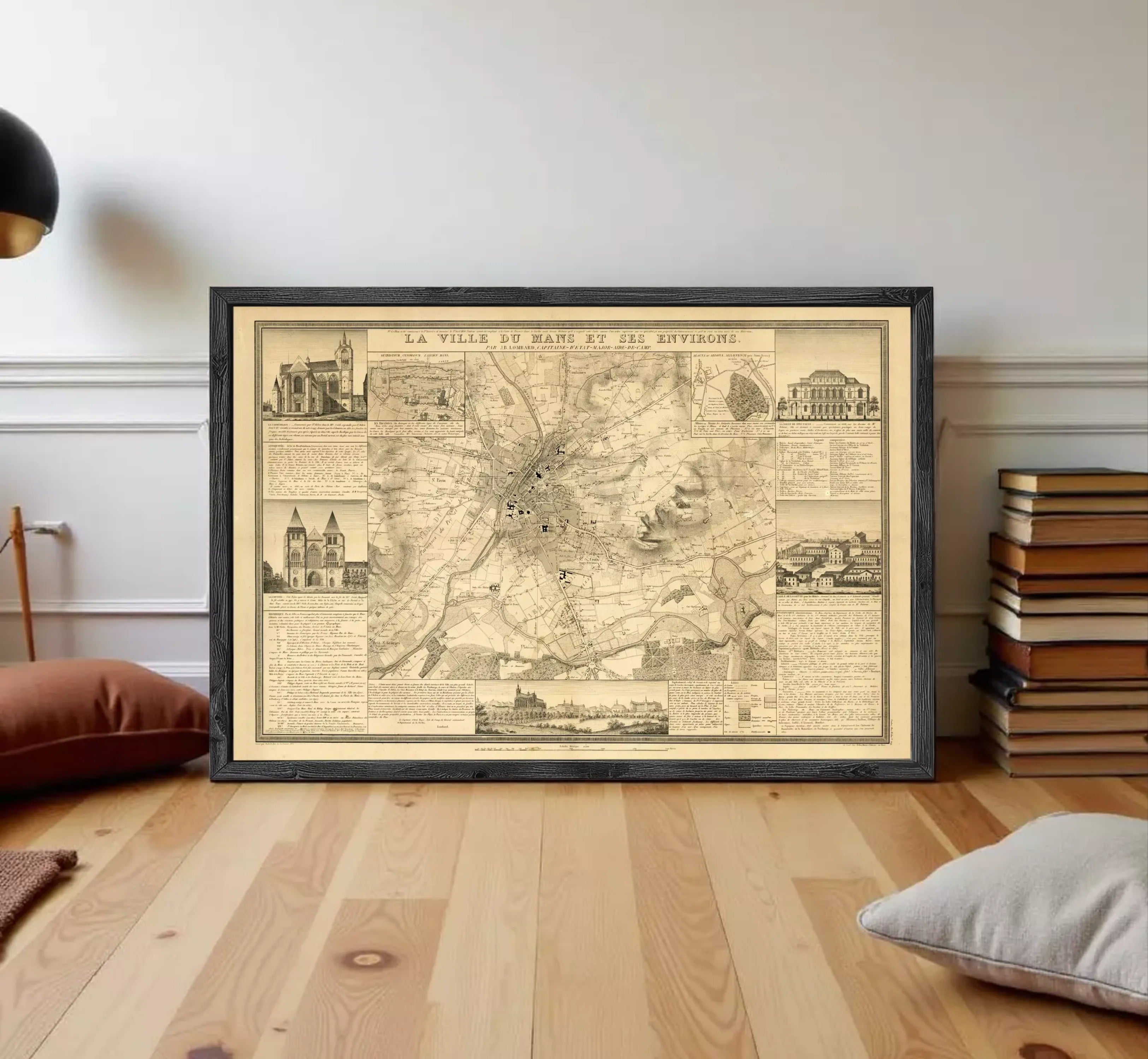 The image is a framed vintage map of a city, depicting various landmarks and locations.