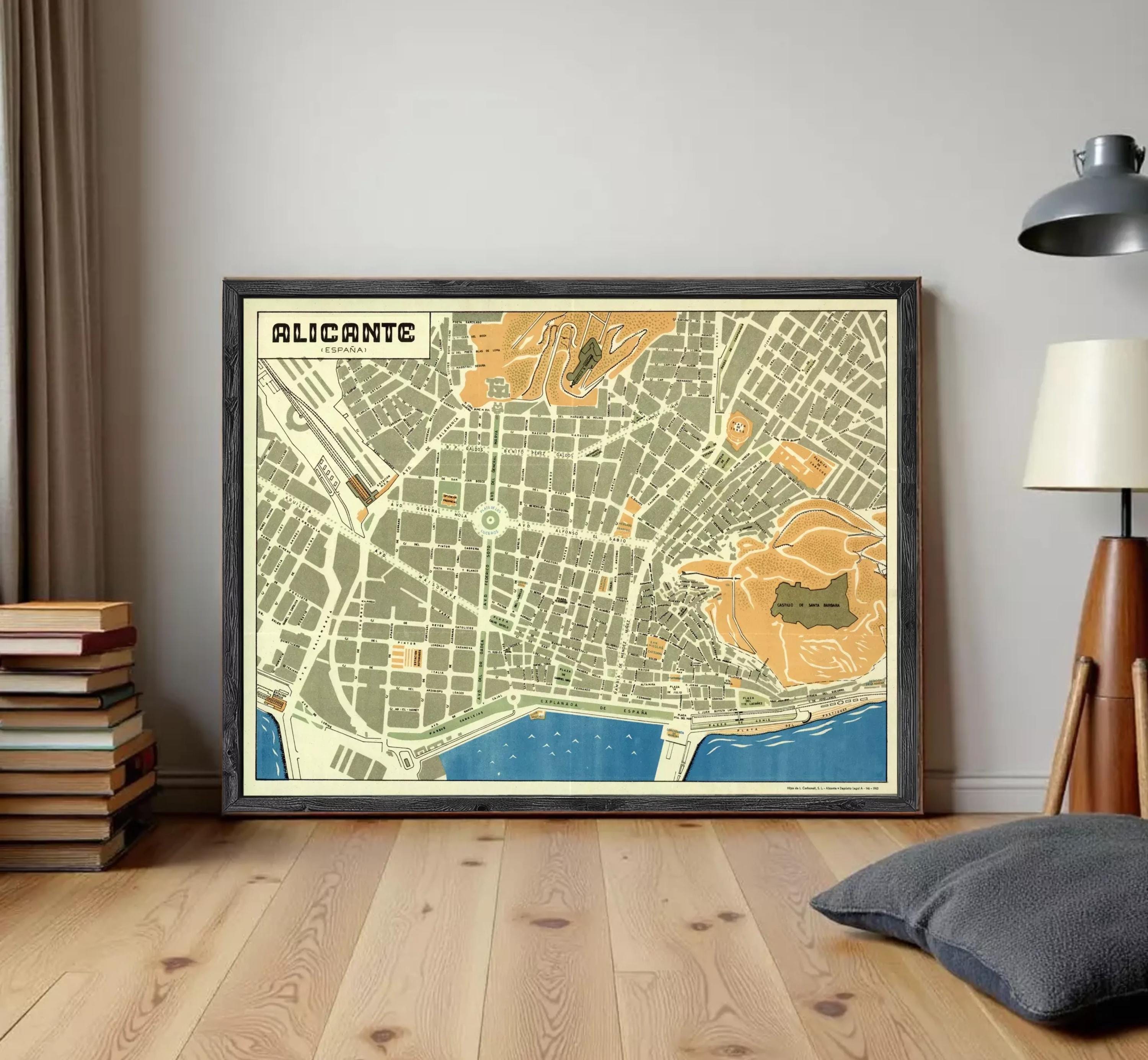 The image is a framed map of the city of Alicante, Spain.