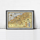 The image is a framed vintage map of Cleveland, Ohio, depicting various landmarks and locations within the city.