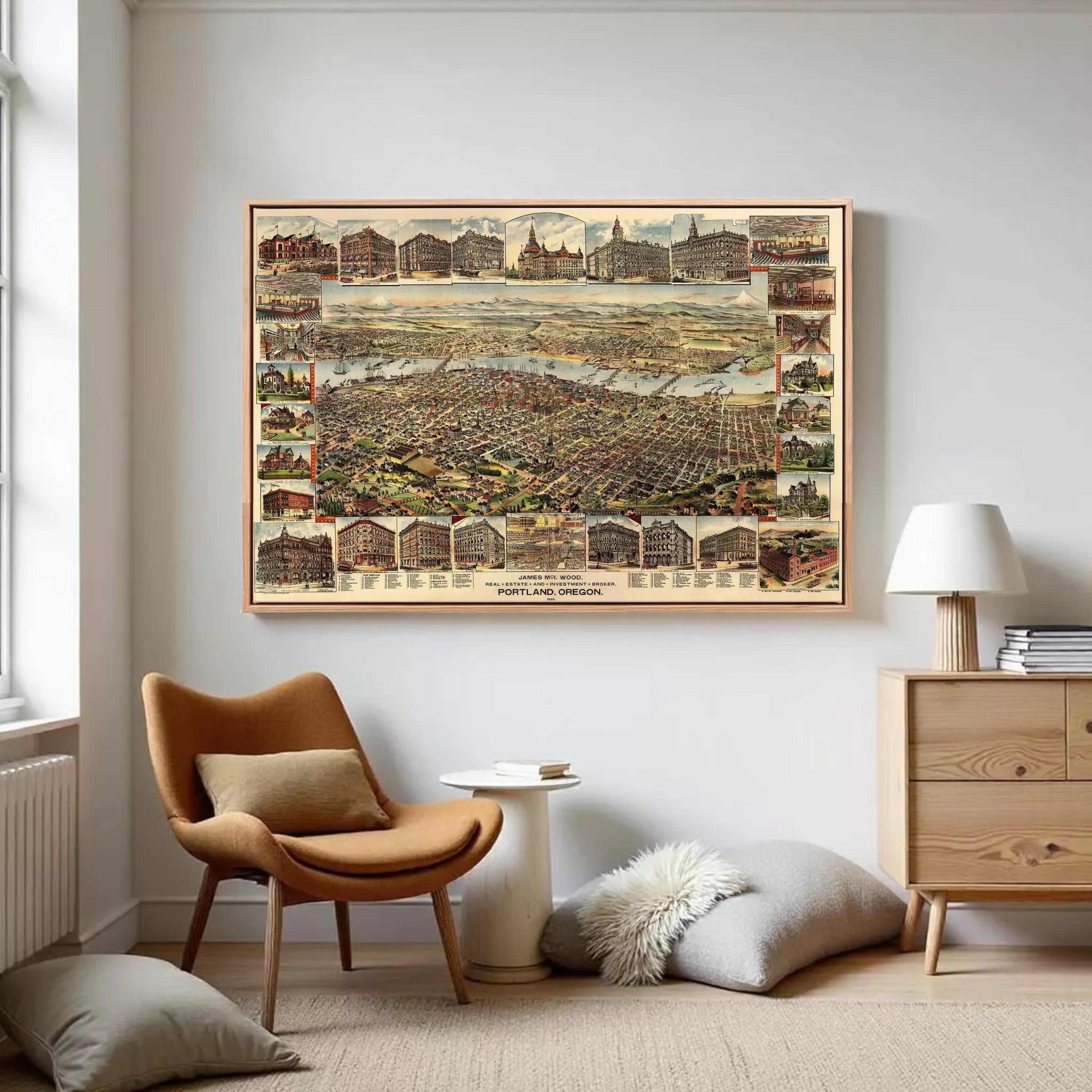 a large framed map of a city hanging on a wall in a living room.