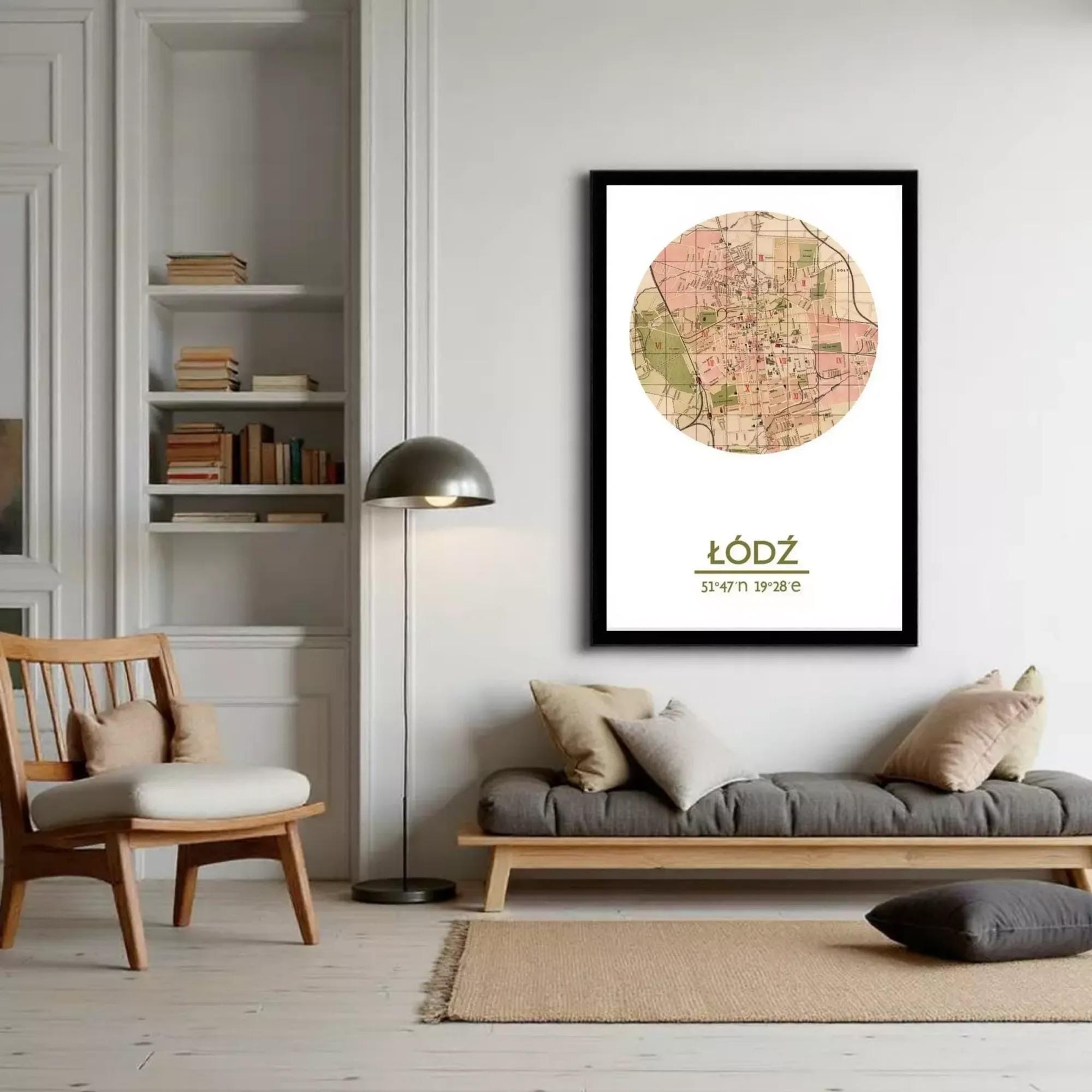 A framed map of a city, with a circular design and a map of the city displayed on it.
