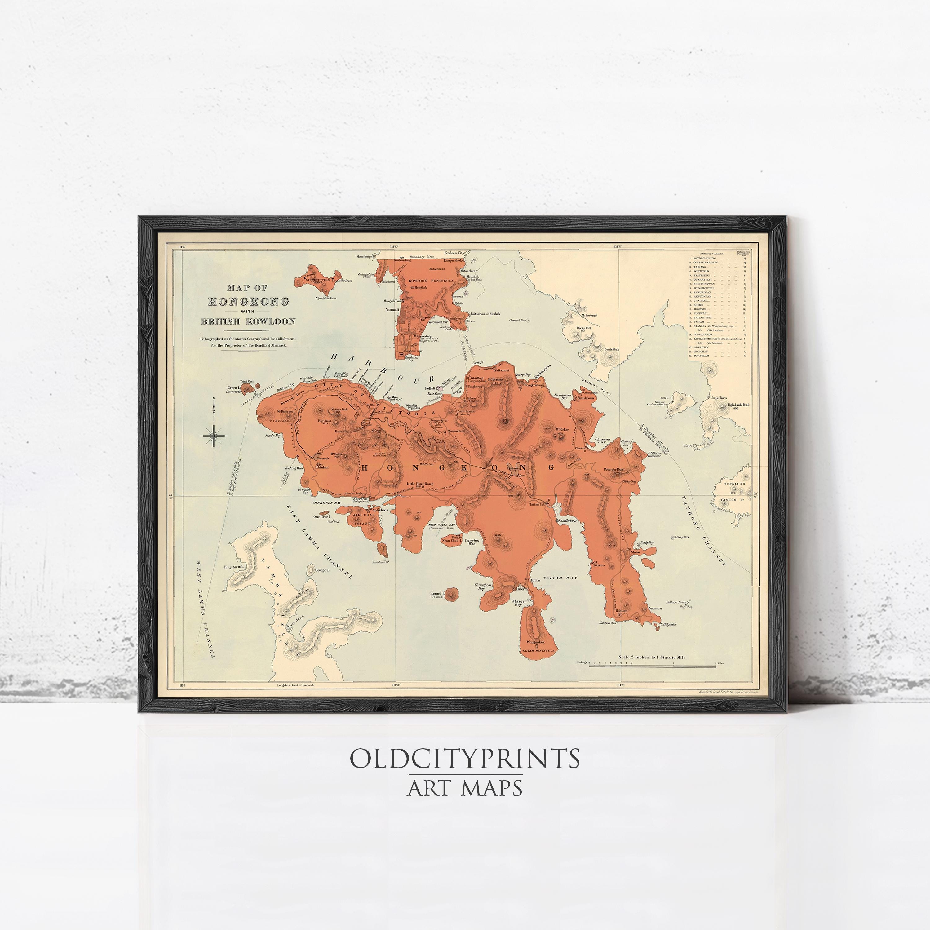 The image is a framed vintage map of Hong Kong, depicting the city and surrounding areas in a stylized manner.