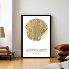 A framed map of Buenos Aires, Argentina, with the text "Buenos Aires 34.35°S 58.22°W" printed on it.