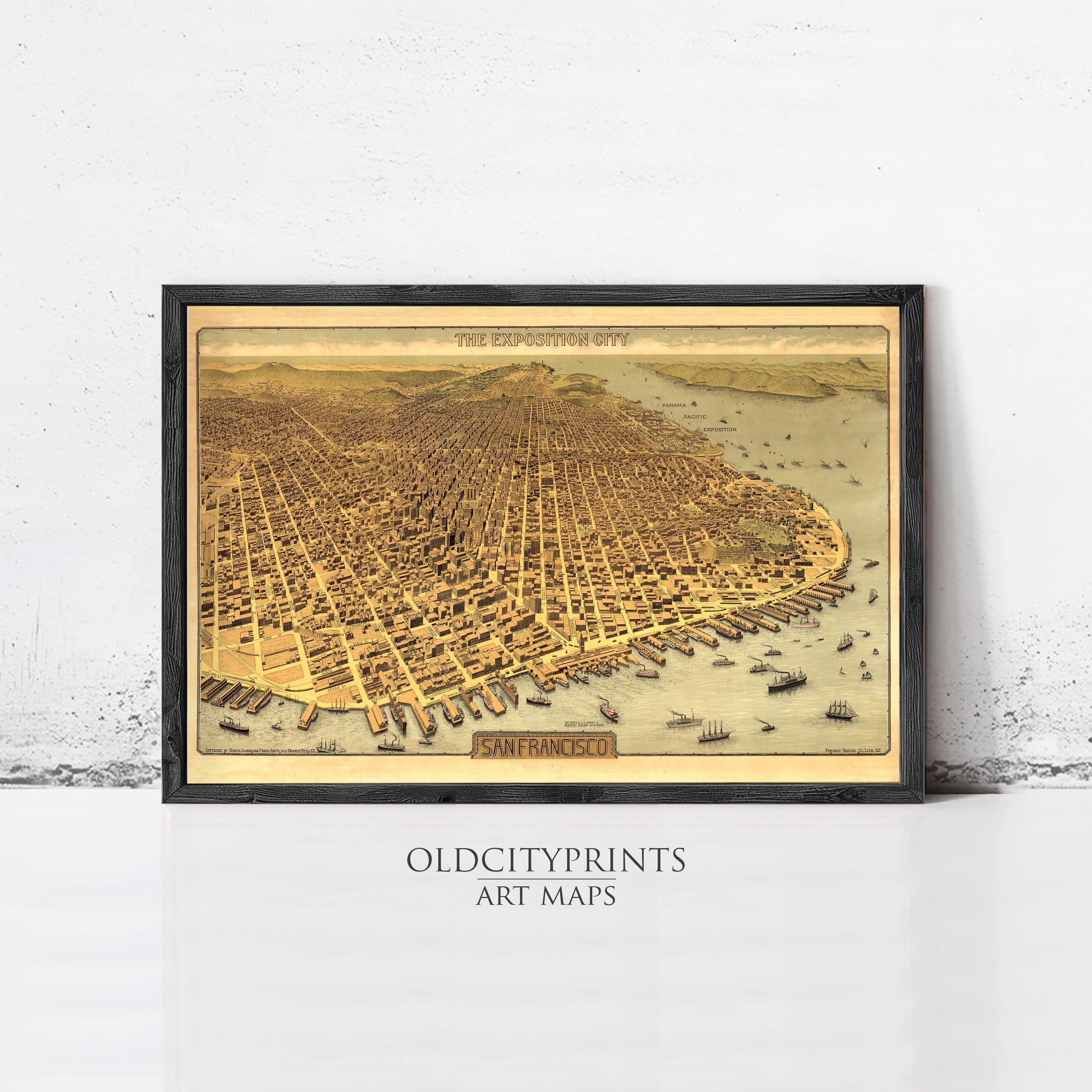 The image is a framed art print depicting a detailed map of San Francisco, California.