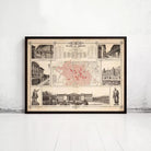 The image is a framed collage of various architectural and historical images, including buildings, statues, and maps, all set against a white background.