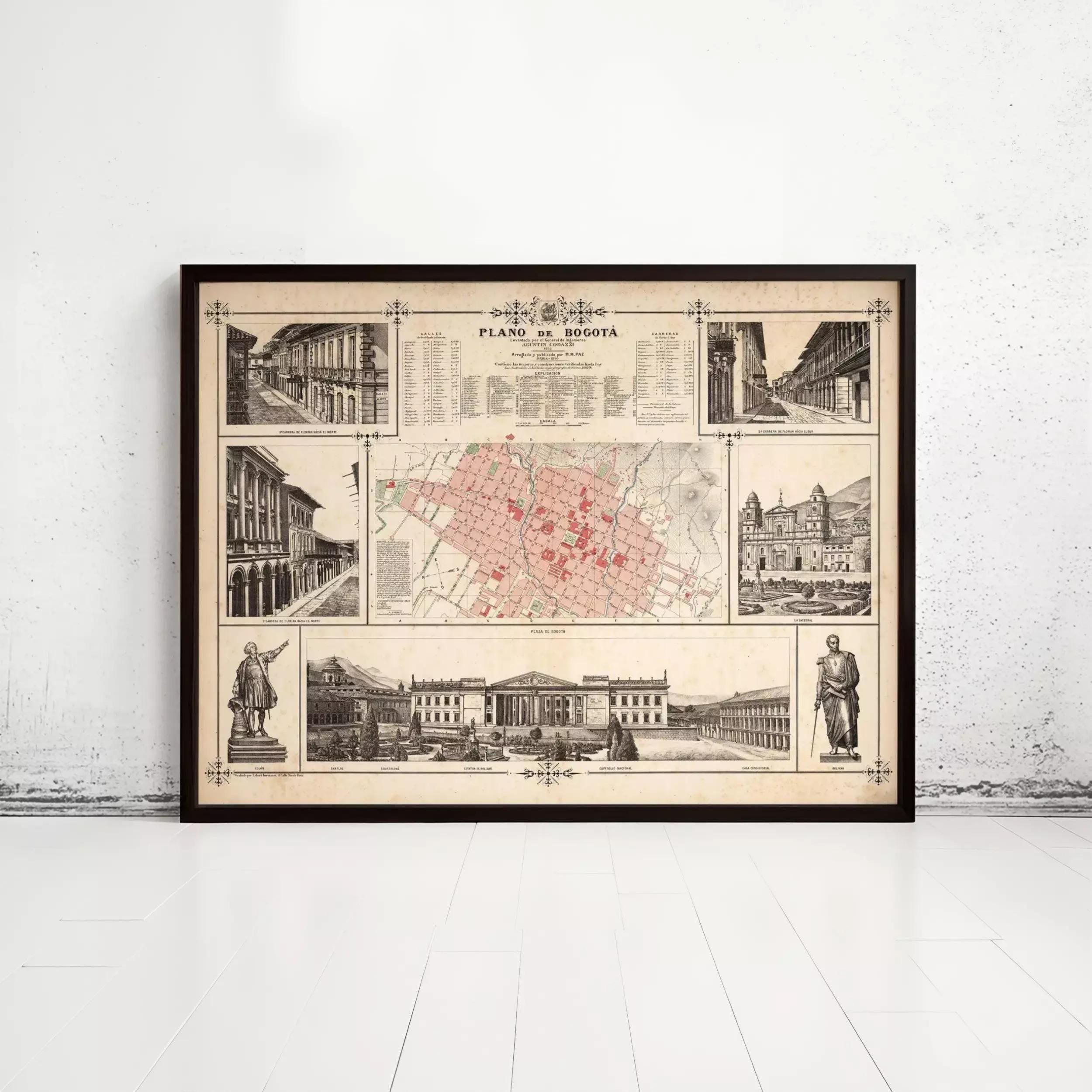 The image is a framed collage of various architectural and historical images, including buildings, statues, and maps, all set against a white background.