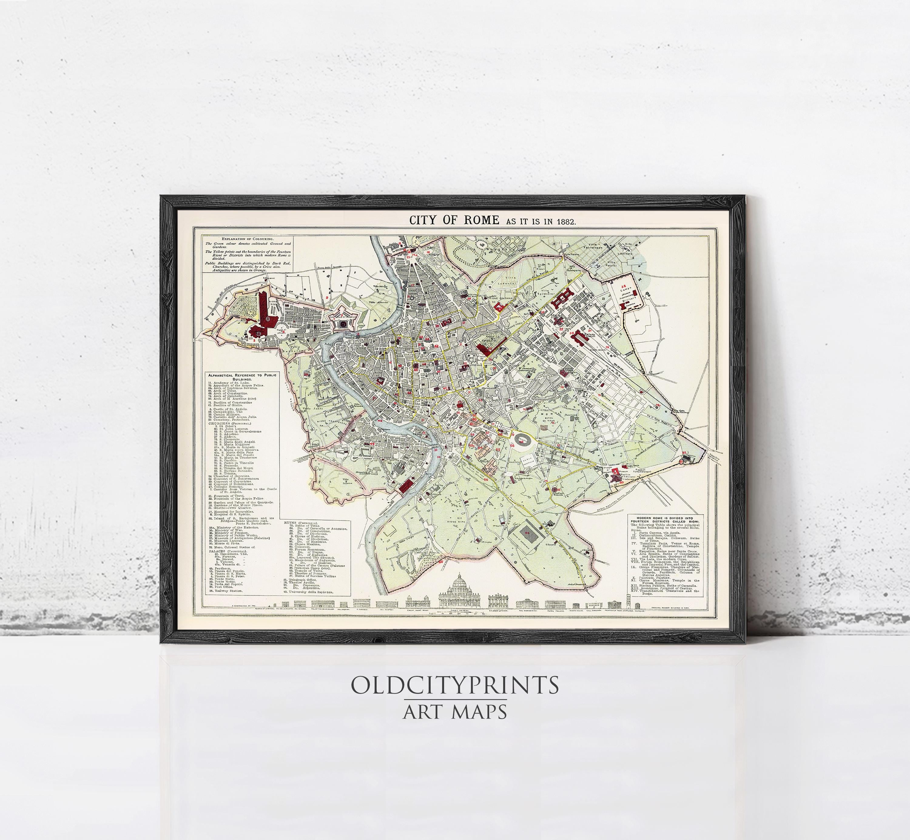The image is a framed vintage map of the city of Rome, Italy, depicting the layout and various landmarks of the city.