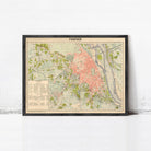 The image is a framed vintage map of Hanoi, Vietnam, depicting the city's streets, landmarks, and surrounding areas.