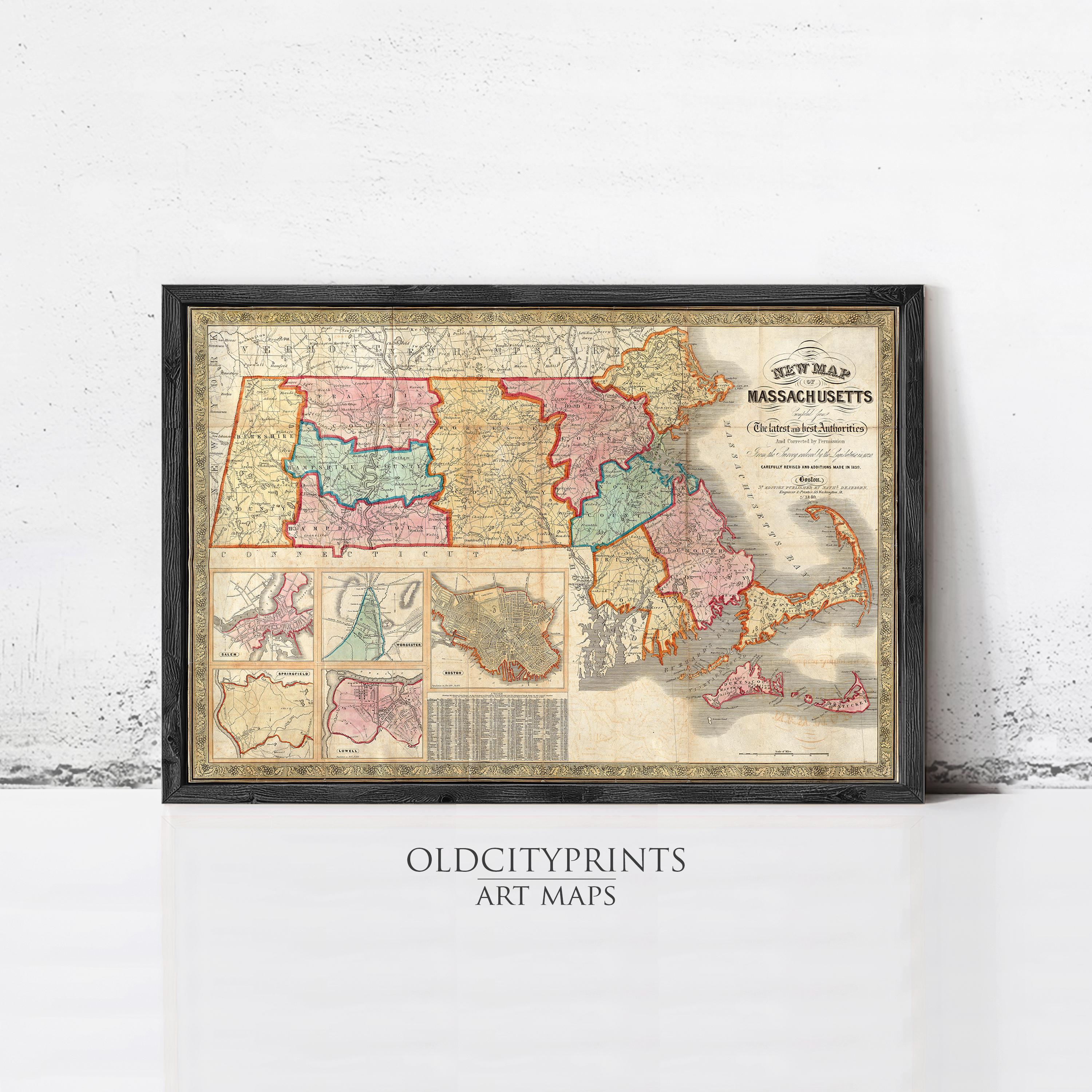 The image is a framed vintage map of Massachusetts, depicting the state's geographical layout and boundaries.