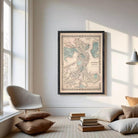 The image is a framed vintage map of Boston, Massachusetts, with a detailed and intricate design.