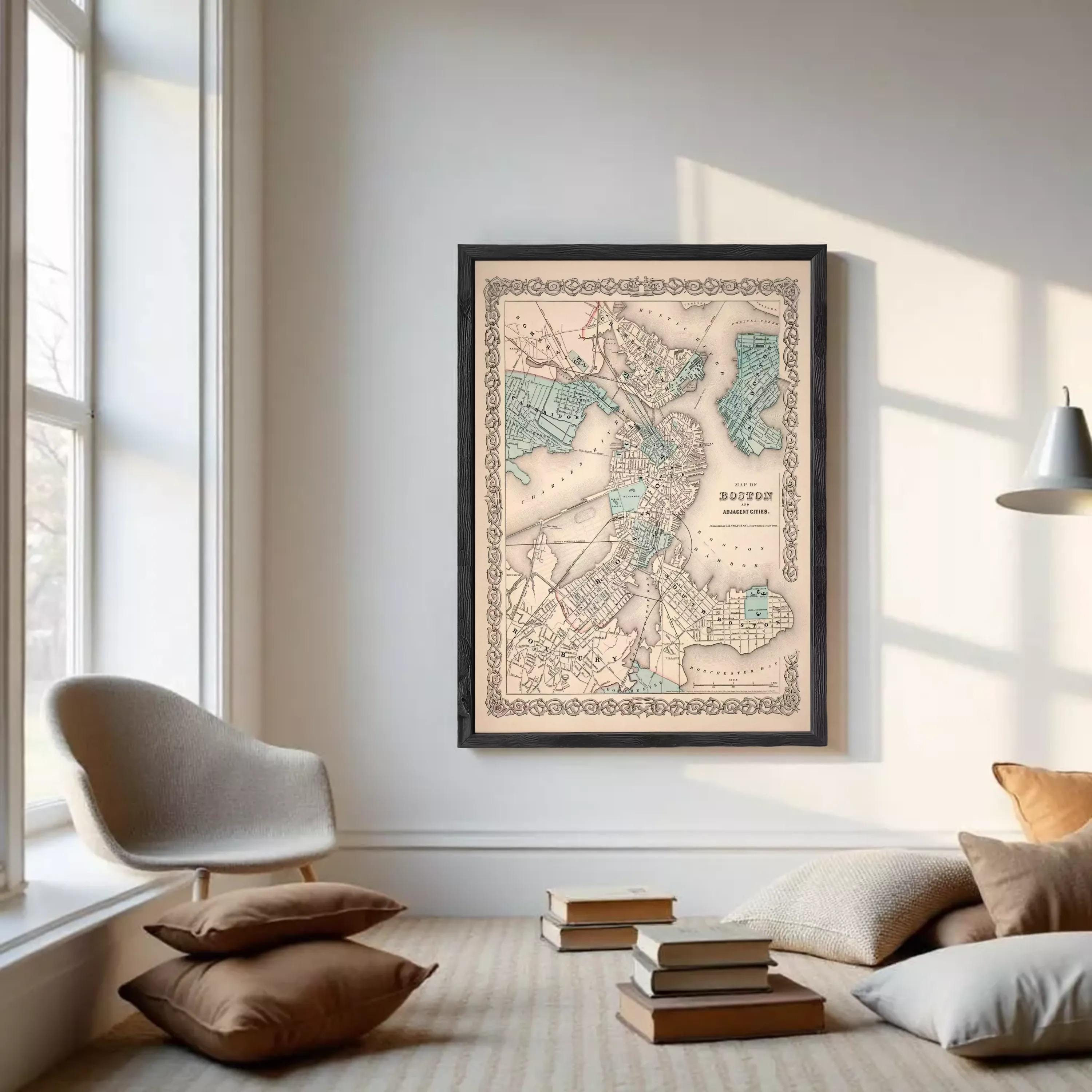 The image is a framed vintage map of Boston, Massachusetts, with a detailed and intricate design.