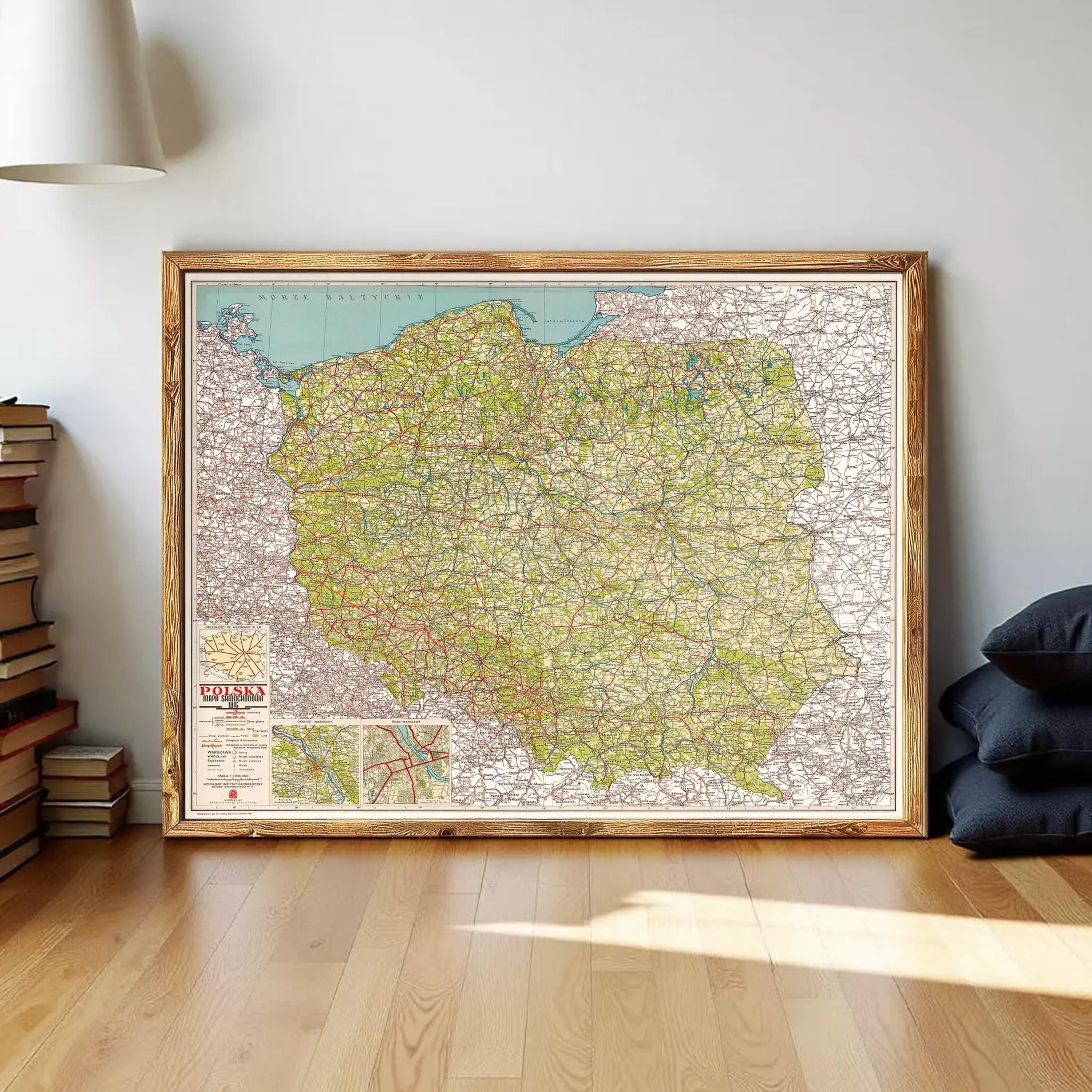 The image is a framed map of Poland, showing the country's roads and geographical layout.