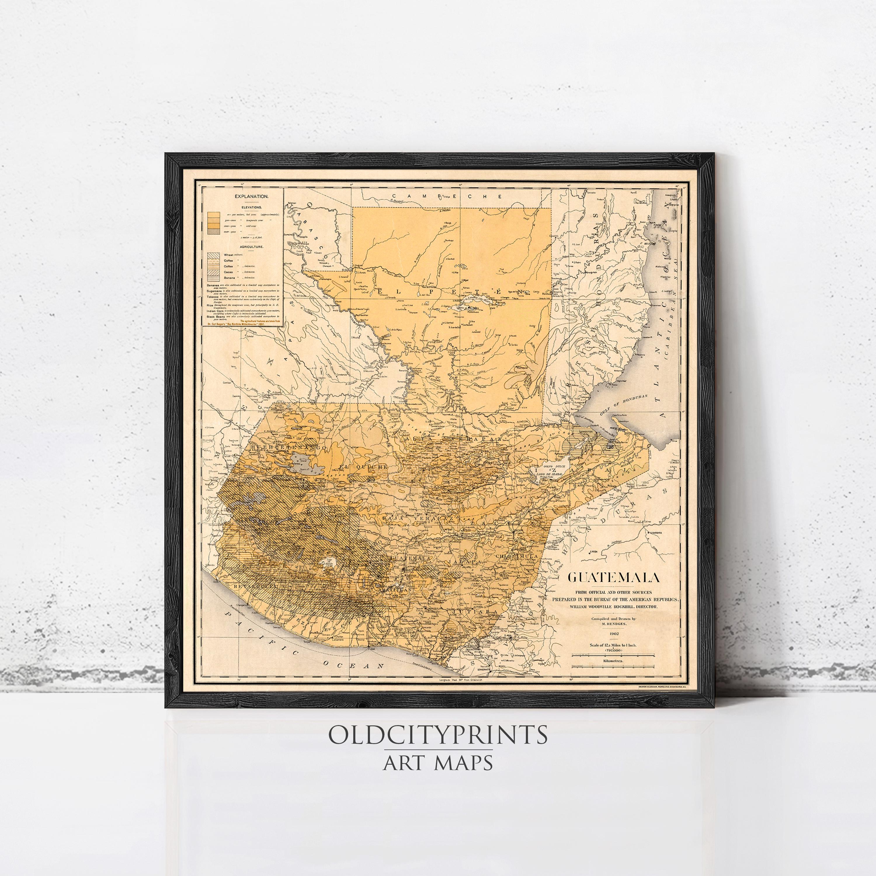 The image is a framed vintage map of Guatemala, depicting the country's geographical layout and boundaries.