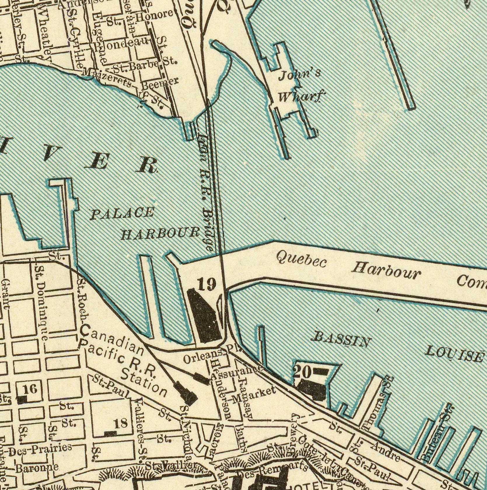 The image is a detailed map of a city, showing streets, landmarks, and bodies of water.