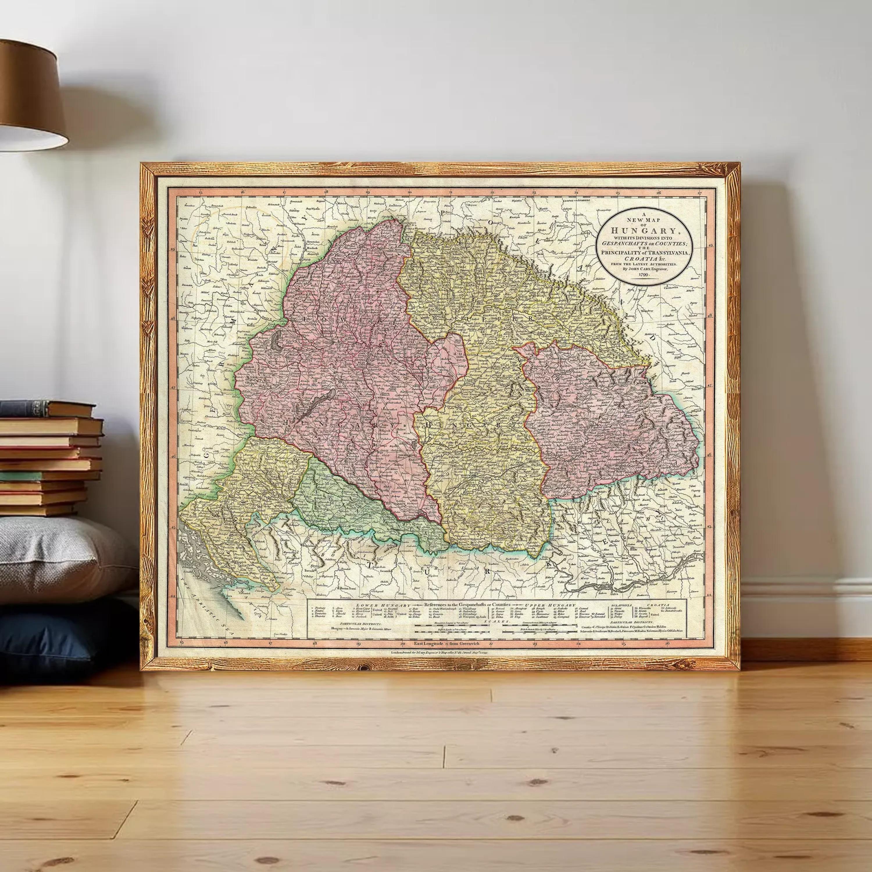 The image is a framed vintage map of Hungary, showing the country's geographical layout and boundaries.