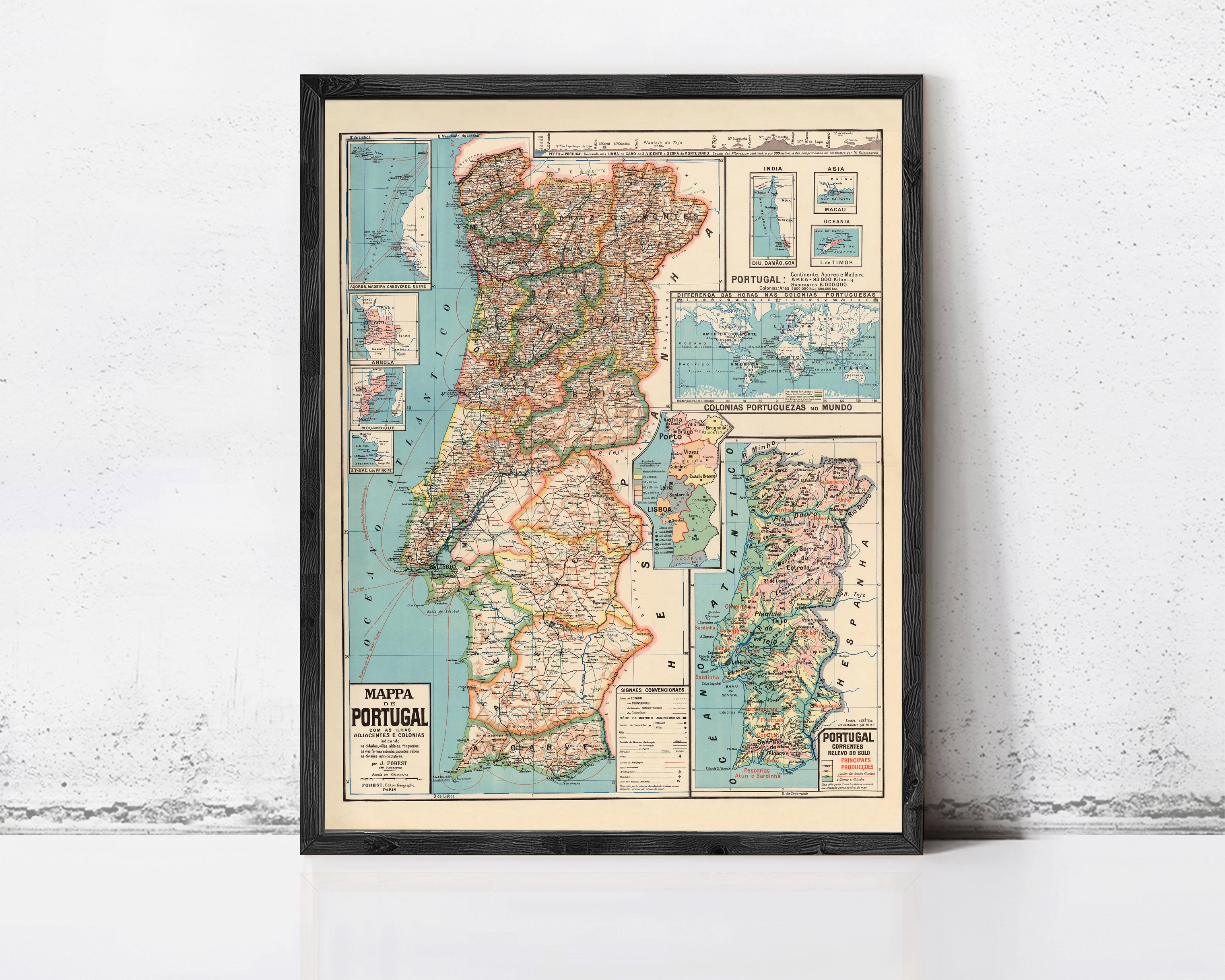 The image is a framed vintage map of Portugal, showing the country's geographical layout and surrounding areas.