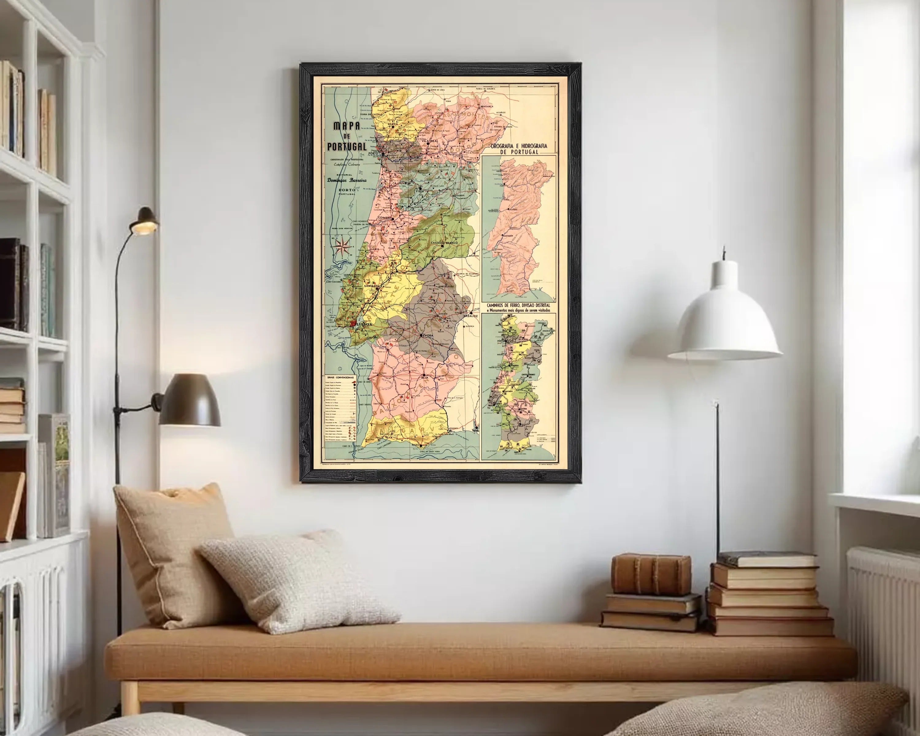 The image is a framed vintage map of Portugal, showing the country's geographical layout and boundaries.