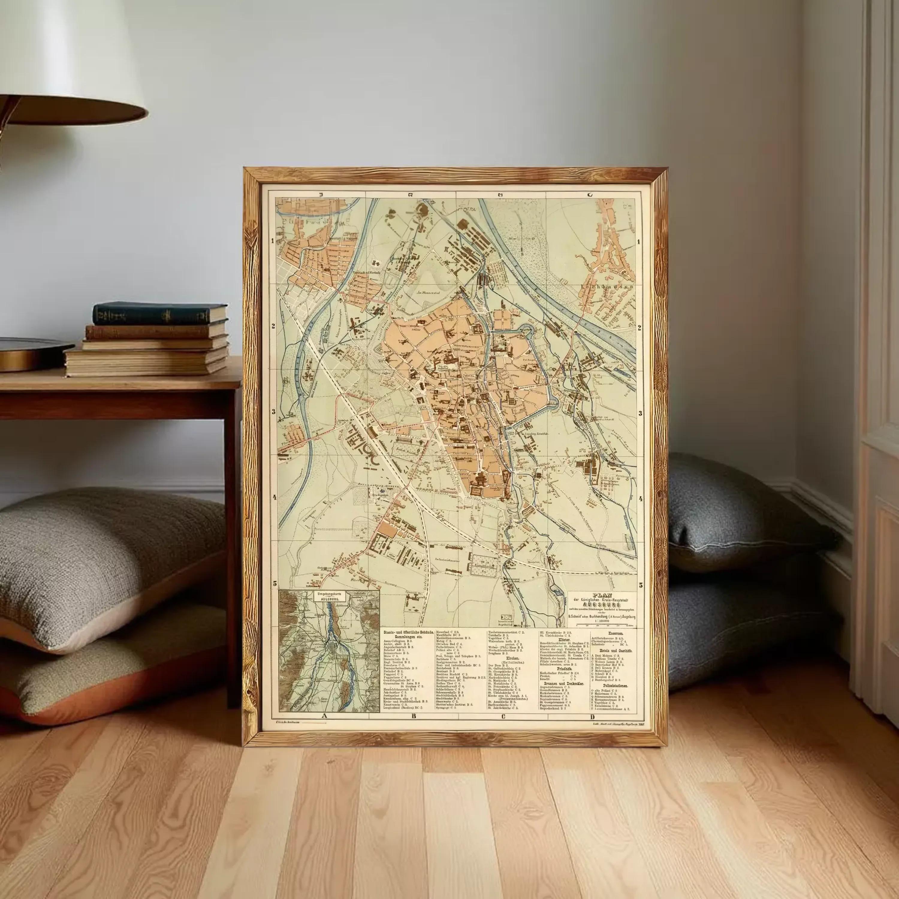 The image is a framed vintage map of a city, likely from the 19th century, with detailed geographical information and labels.