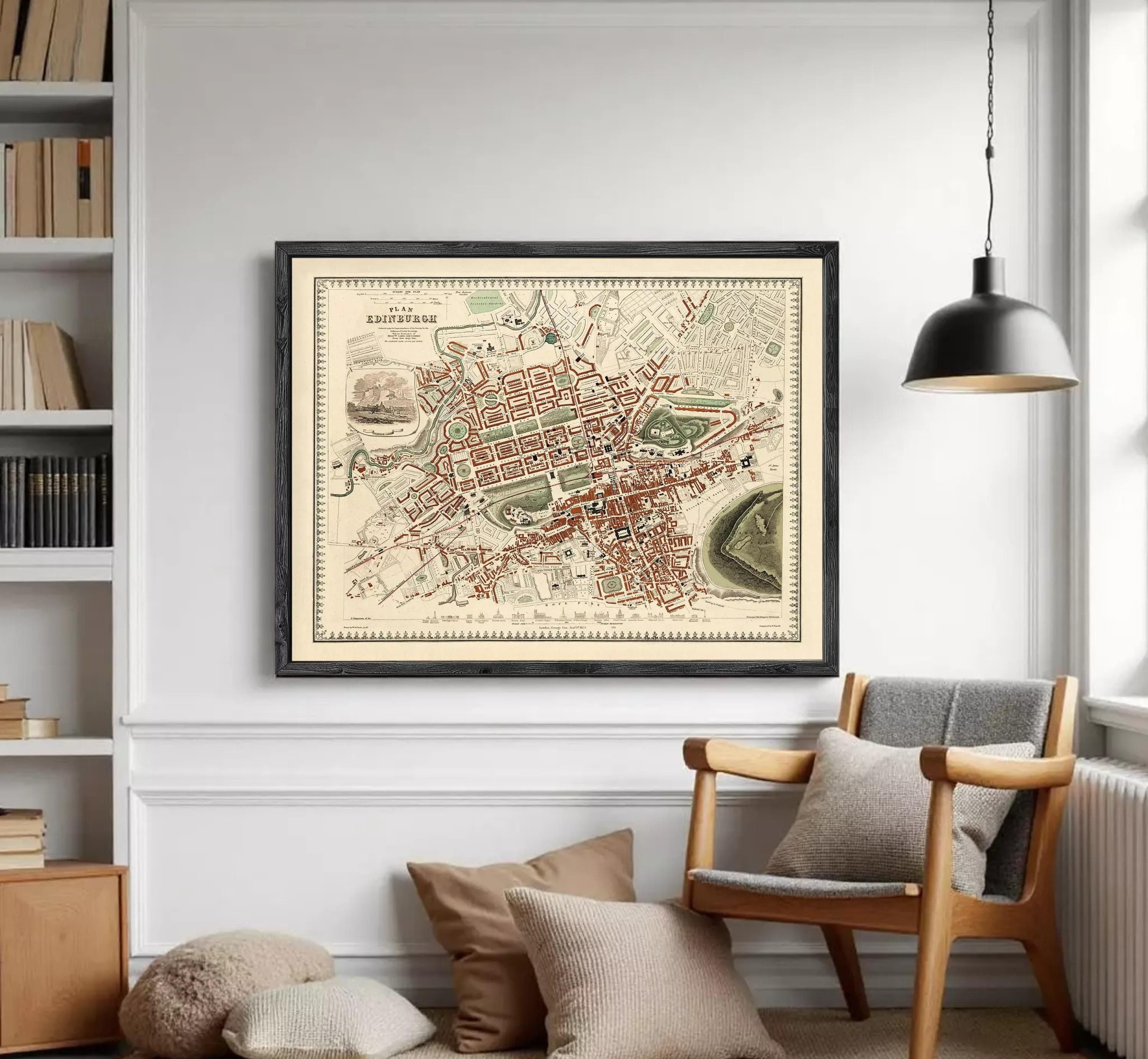 The image is a framed vintage map of a city, depicting a detailed layout of streets, buildings, and other urban features.