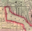 The image is a historical map of a city, showing streets, landmarks, and a river or bay.