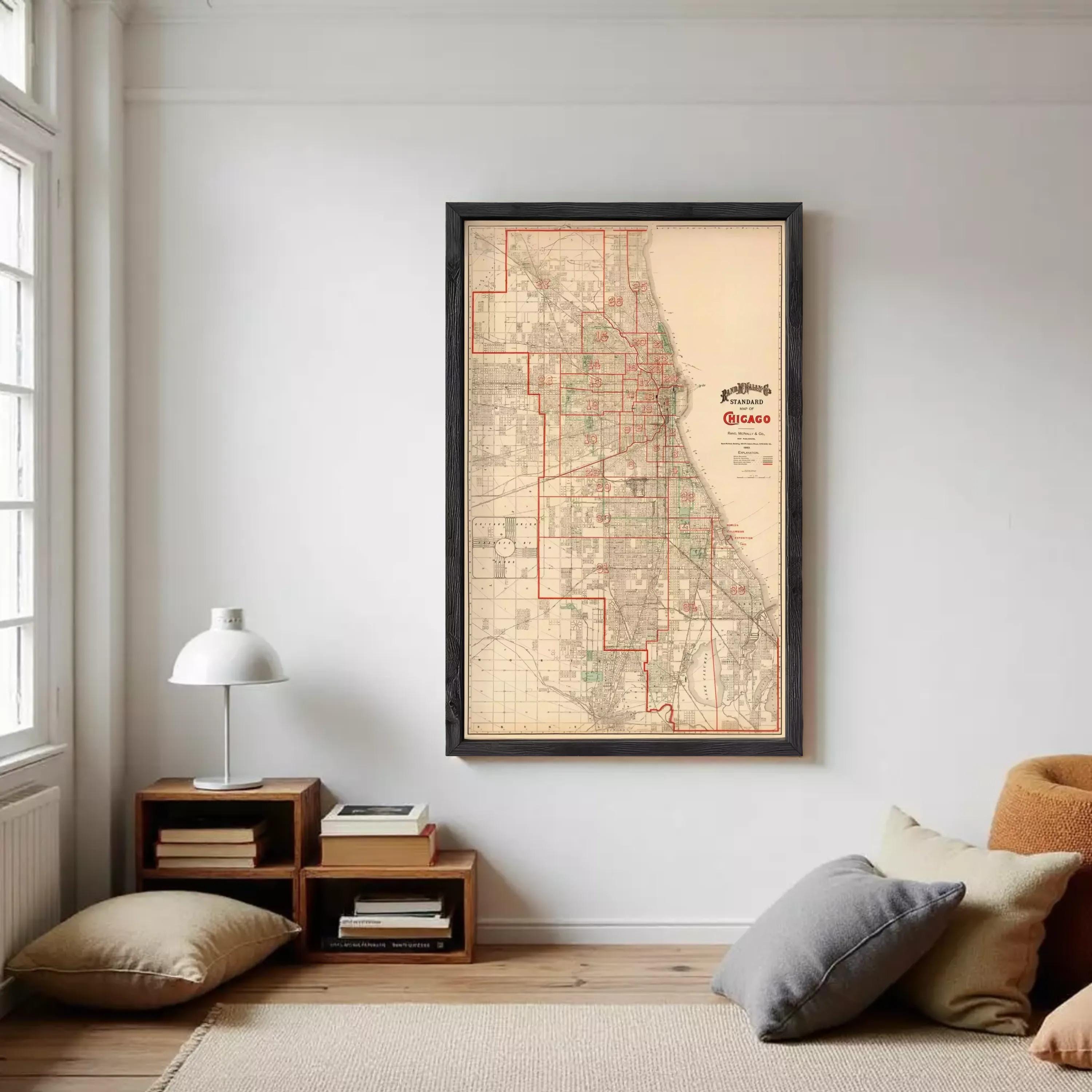 The image is a framed vintage map of Chicago, Illinois, United States.