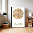 A framed map of San Jose, California, with the text "San Jose ca." and a date "37°W 12:54°W" printed on it.