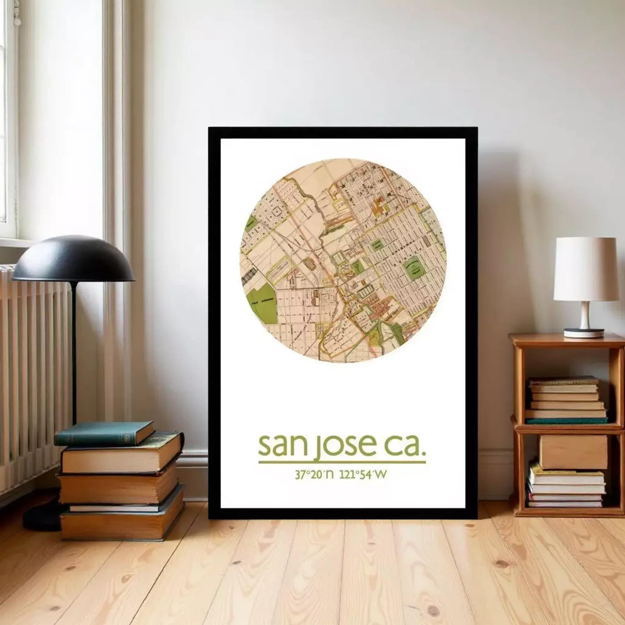 A framed map of San Jose, California, with the text "San Jose ca." and a date "37°W 12:54°W" printed on it.