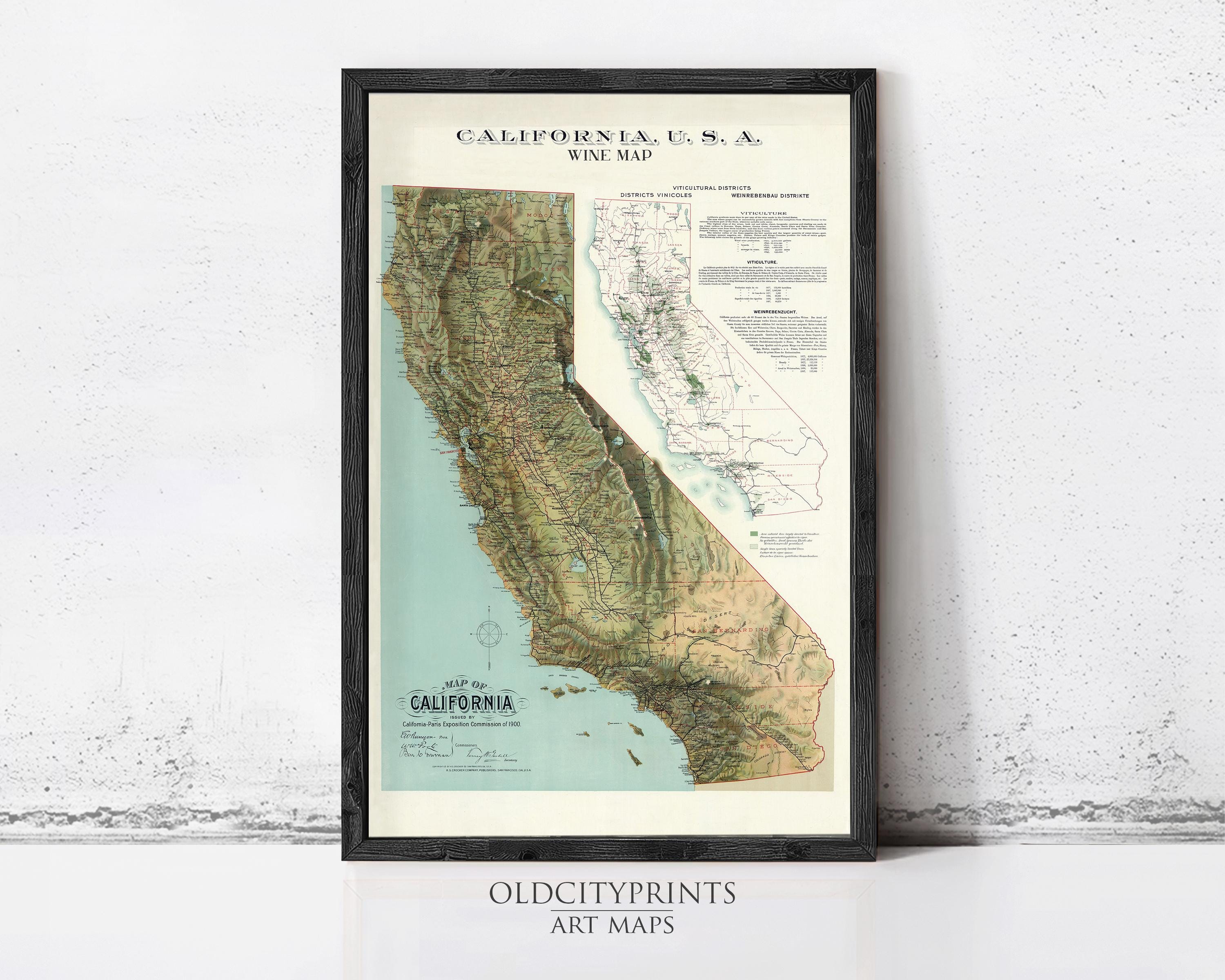 The image is a framed vintage map of California, United States, depicting the state's geographical layout and boundaries.