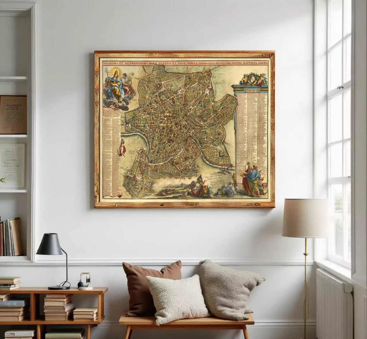 The image is a framed antique map of Rome, Italy, depicting the city's layout and surrounding areas.