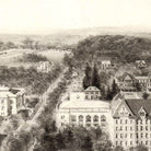 A black and white image depicting a cityscape with a long, winding road surrounded by buildings and trees.